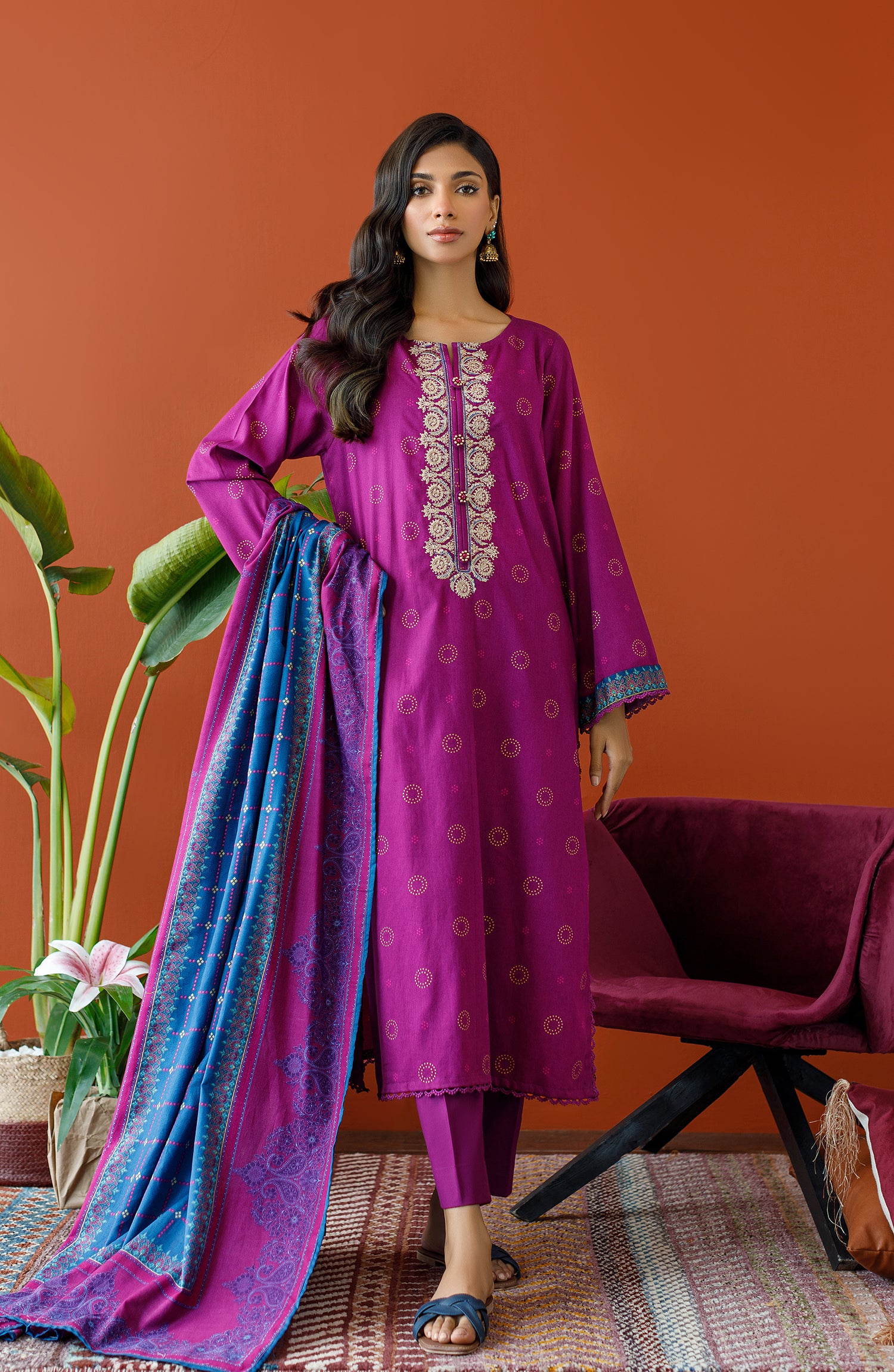 UNSTITCHED EMBROIDERED SHIRT DUPATTA PANTS Orient