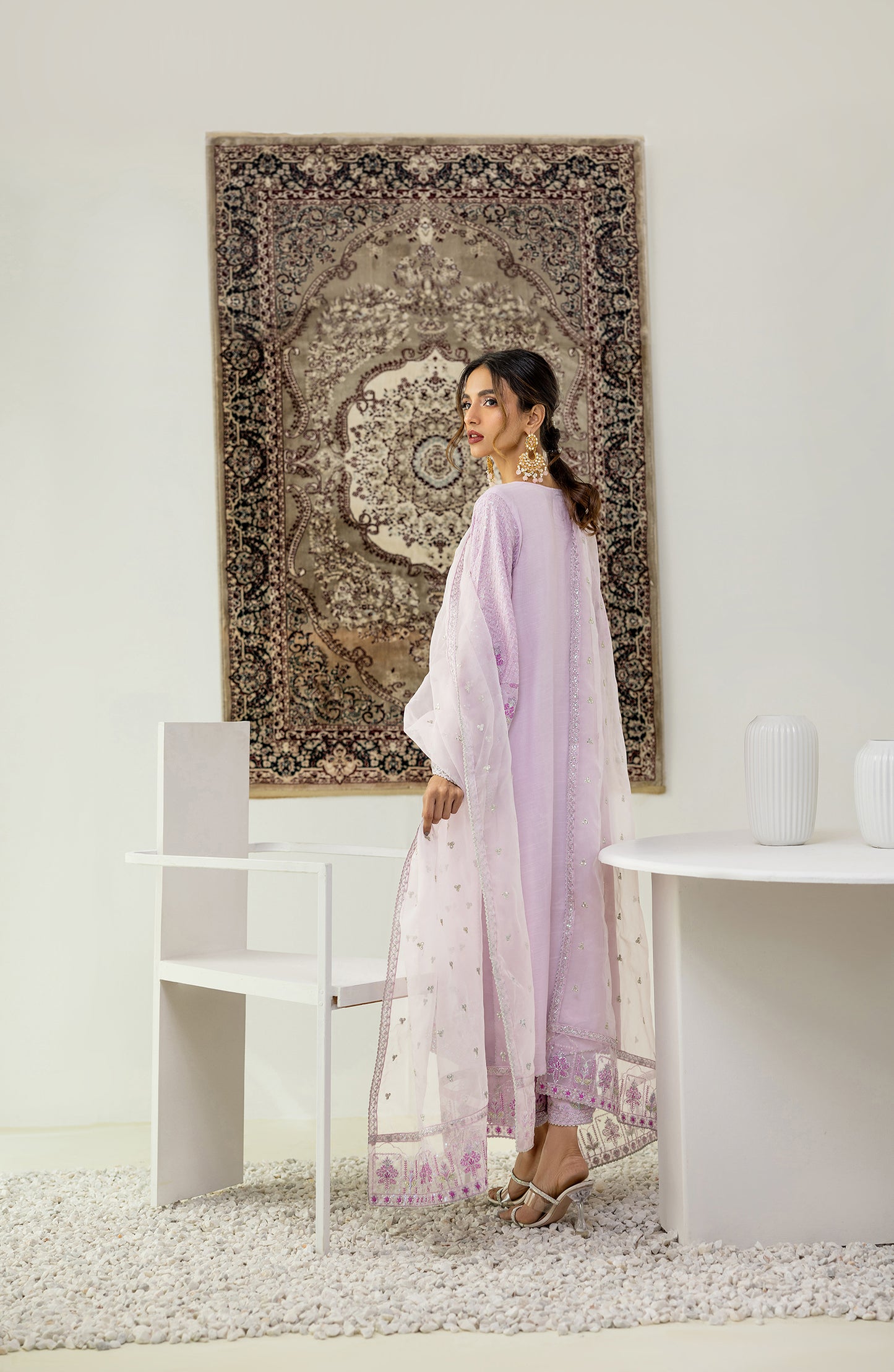 Stitched 3 Piece Embroidered Soft Raw Silk Shirt , Soft Raw Silk Pant and Organza Dupatta (NF-SDT-23-018 LILAC)
