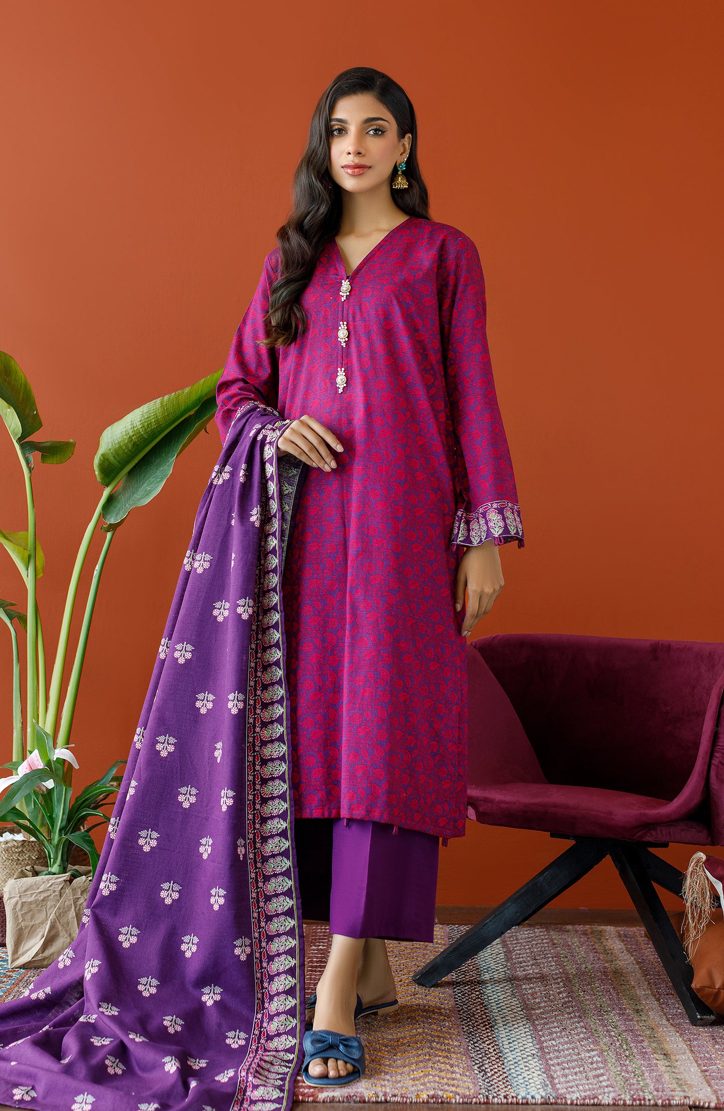 OTL-23-302/U PURPLE KHADDAR Women UNSTITCHED SHIRT DUPATTA PANTS