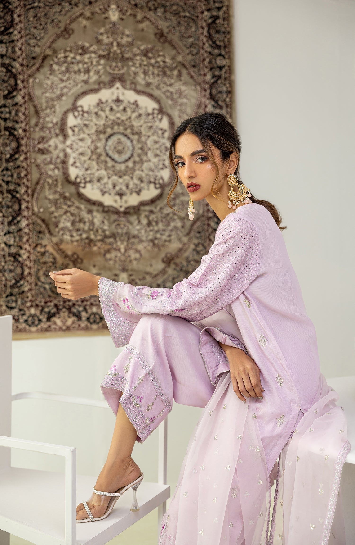 Stitched 3 Piece Embroidered Cotton Silk Shirt , Cotton Silk Pant and Organza Dupatta (NF-SDT-23-018 LILAC)