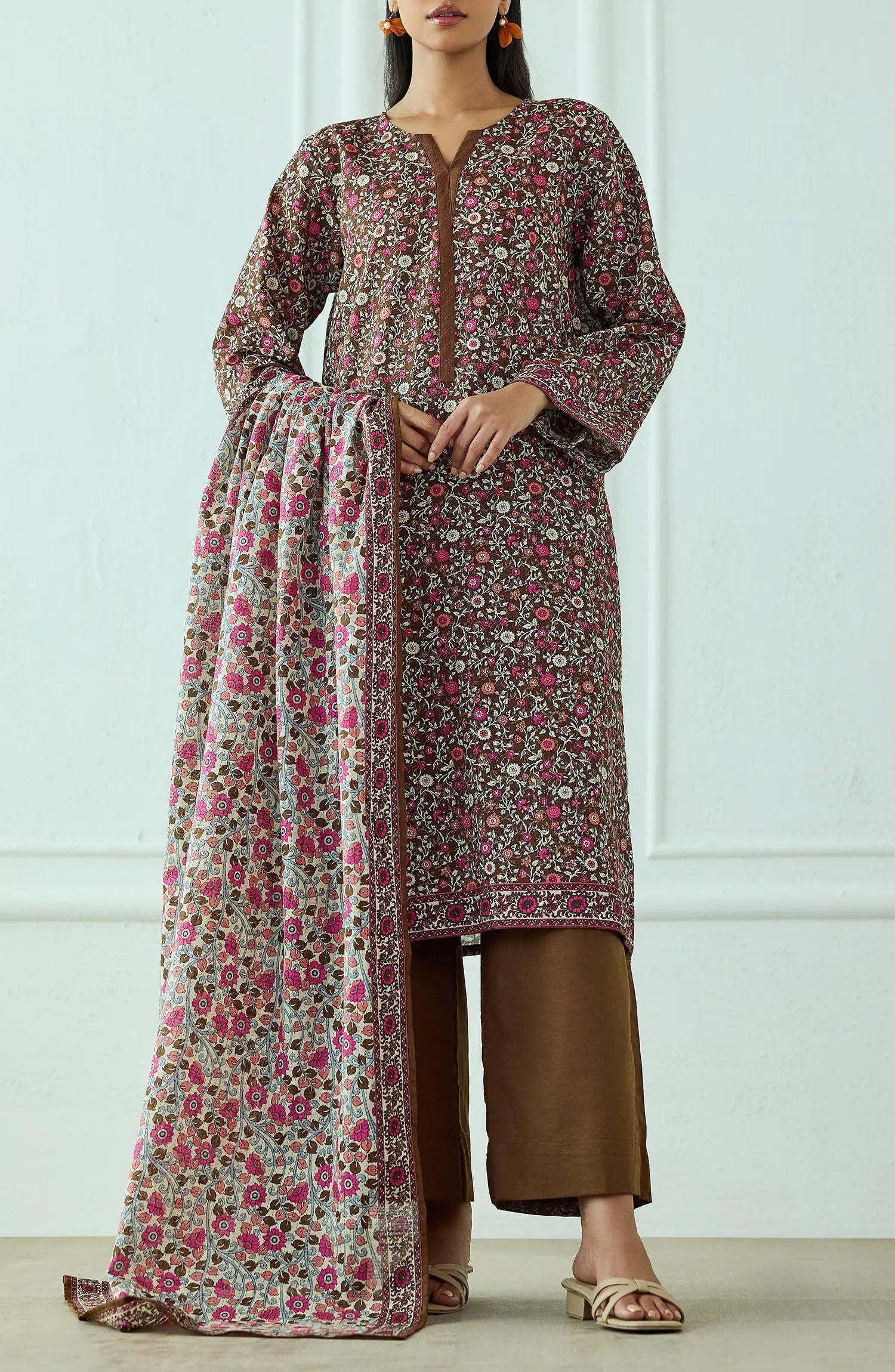 Unstitched | 3 Piece | Printed | Khaddar Shirt | OTL-25-455/U BROWN