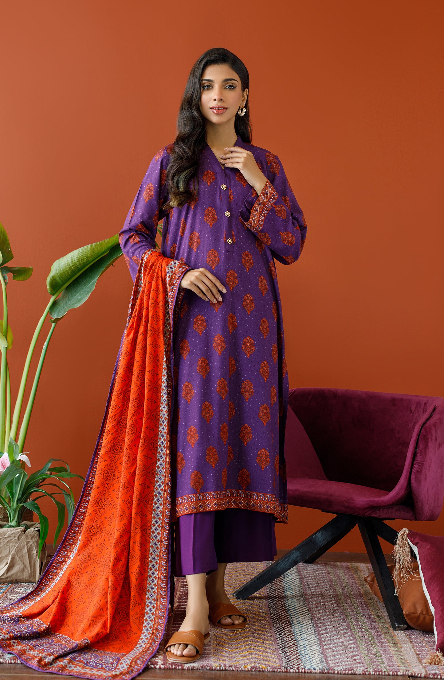 OTL-23-331/U PURPLE LINEN Women UNSTITCHED SHIRT DUPATTA PANTS