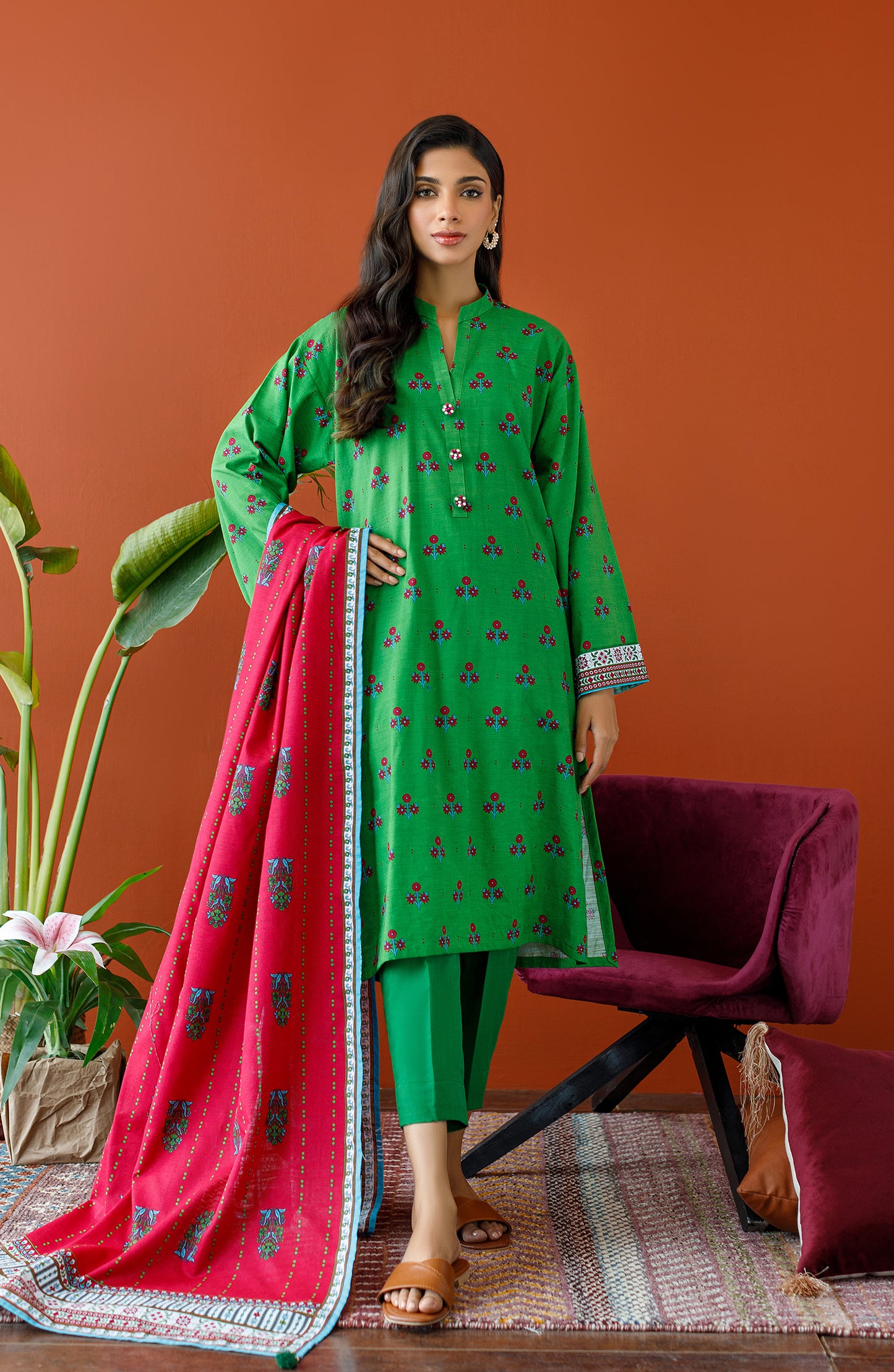 OTL-23-309/U GREEN KHADDAR Women UNSTITCHED SHIRT DUPATTA PANTS
