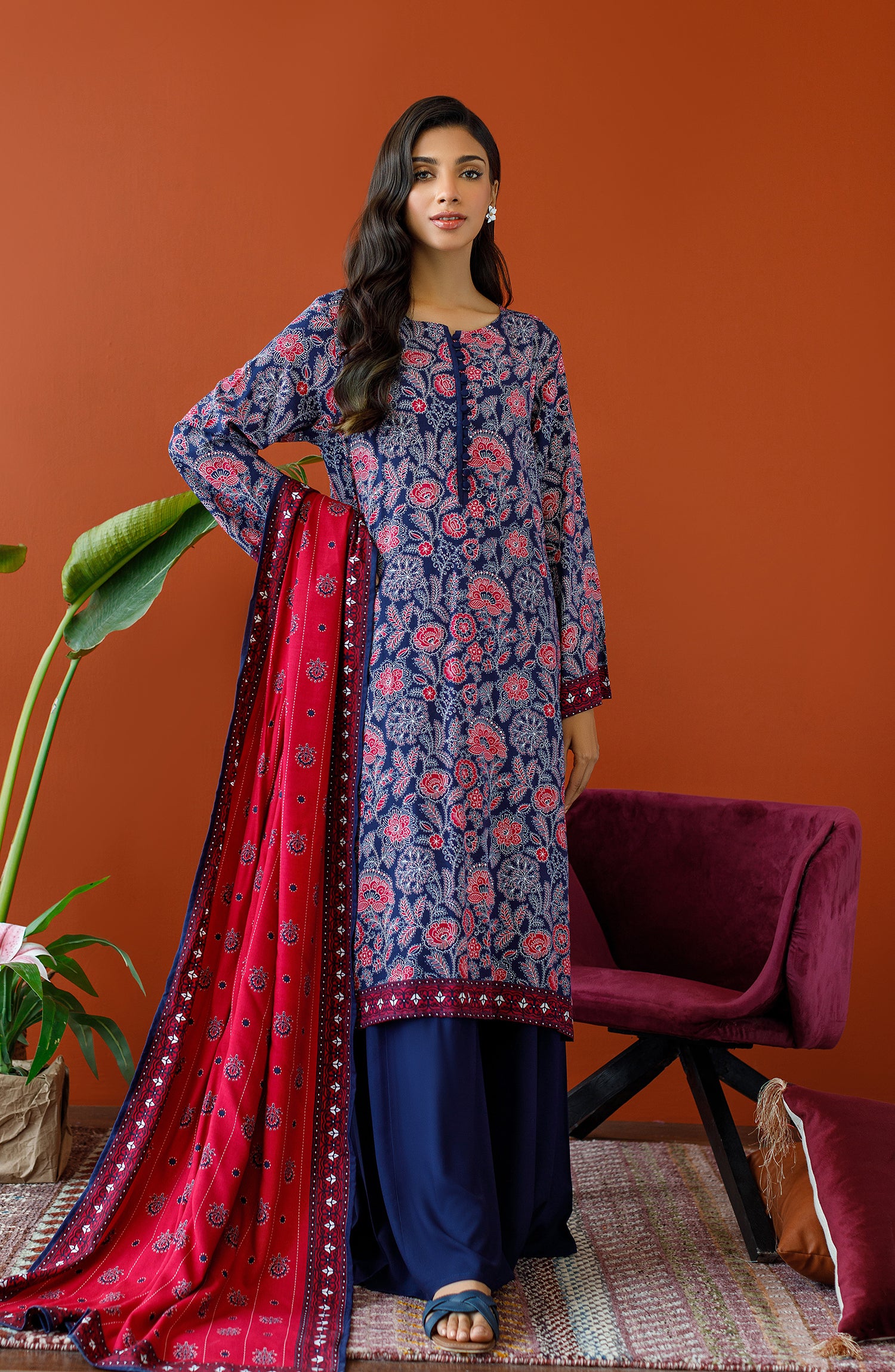 OTL-23-332/U NAVY LINEN Women UNSTITCHED SHIRT DUPATTA PANTS