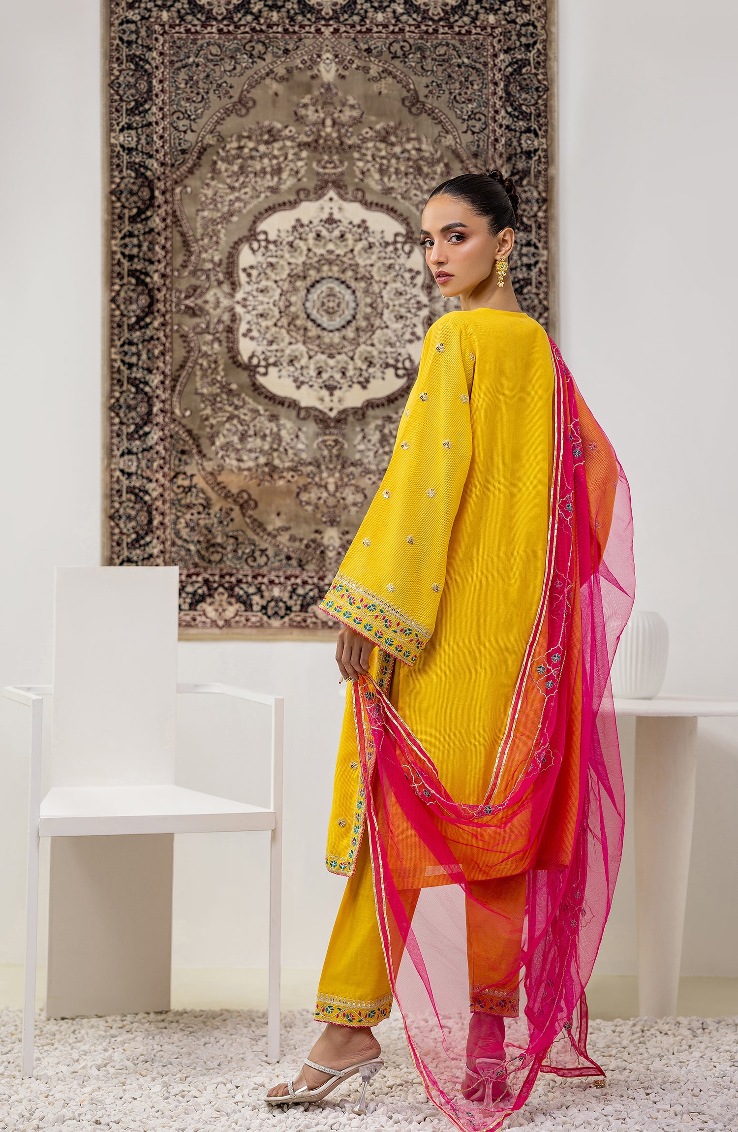 Stitched 3 Piece Embroidered Cotton Net Shirt , Raw Silk Pant and Poly Net Dupatta (OTLF-23-074/S YELLOW)