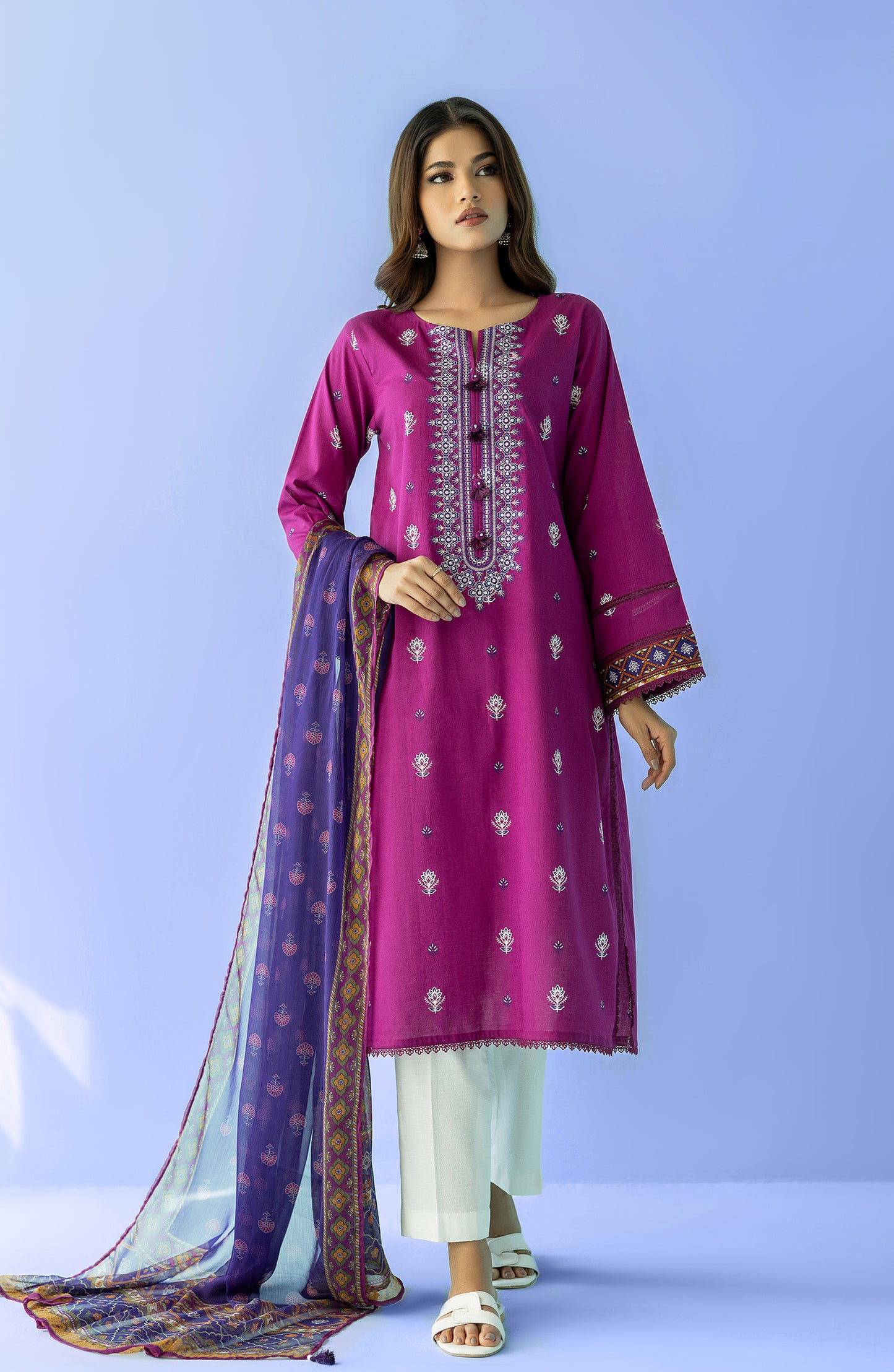 Stitched 2 Piece Printed Embroidered Lawn Shirt and Chiffon Dupatta (NRDS-24-014/S PINK)