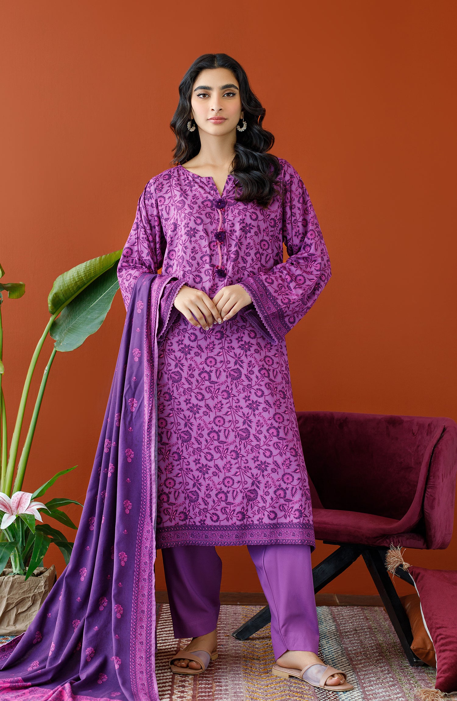 OTL-23-250/U PURPLE LINEN Women UNSTITCHED SHIRT DUPATTA PANTS