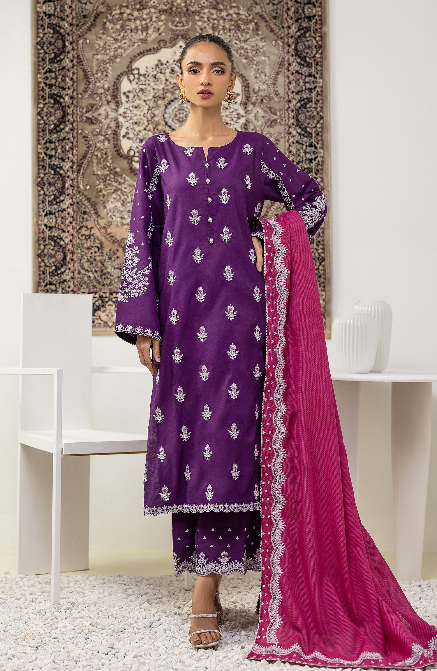 Unstitched 3 Piece Embroidered Raw Silk Shirt , Raw Silk Pant and Dobby Net Dupatta