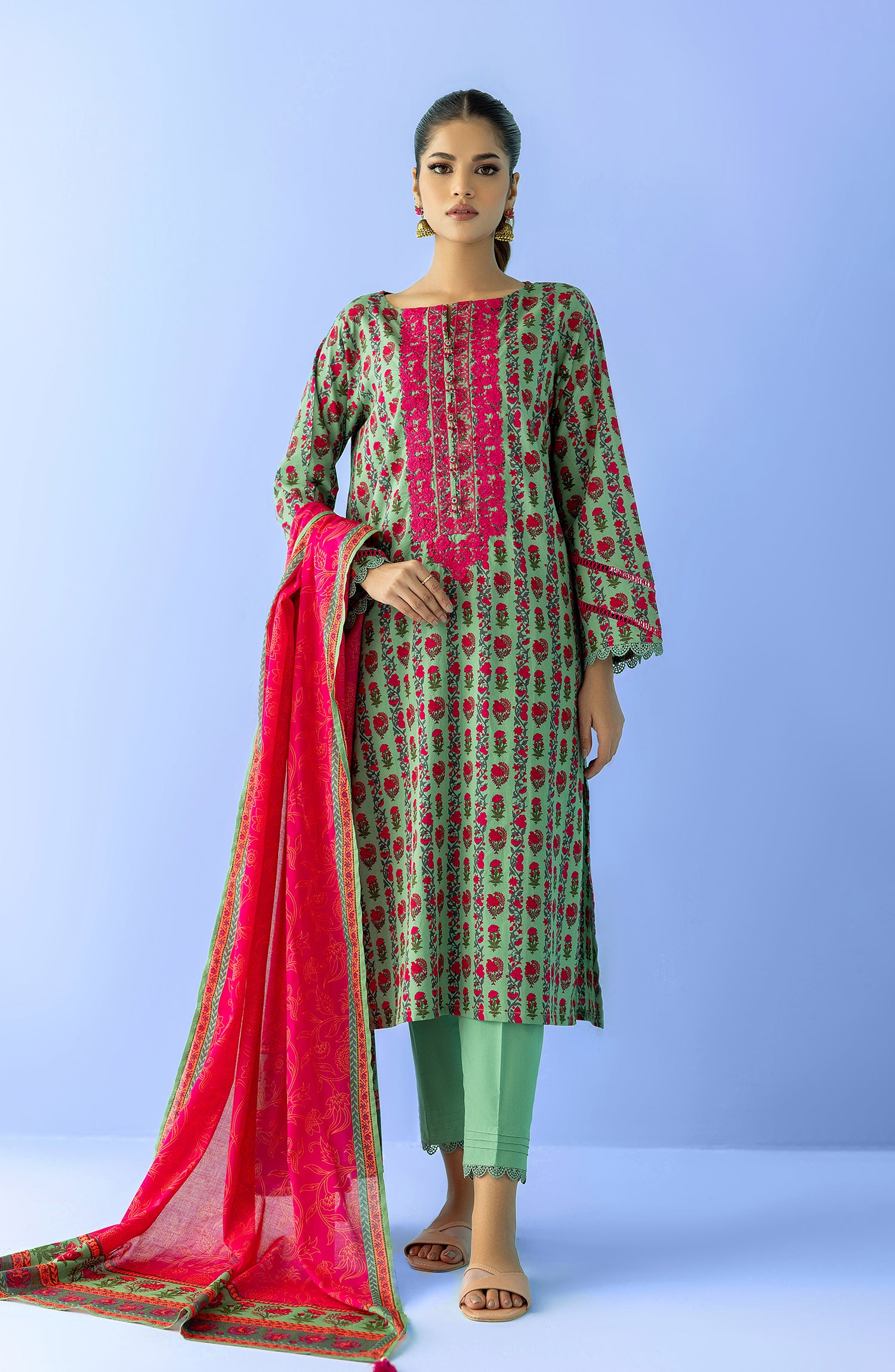 Stitched 2 Piece Printed Embroidered Lawn Shirt and Lawn Dupatta (NRDS-24-026/S GREEN)