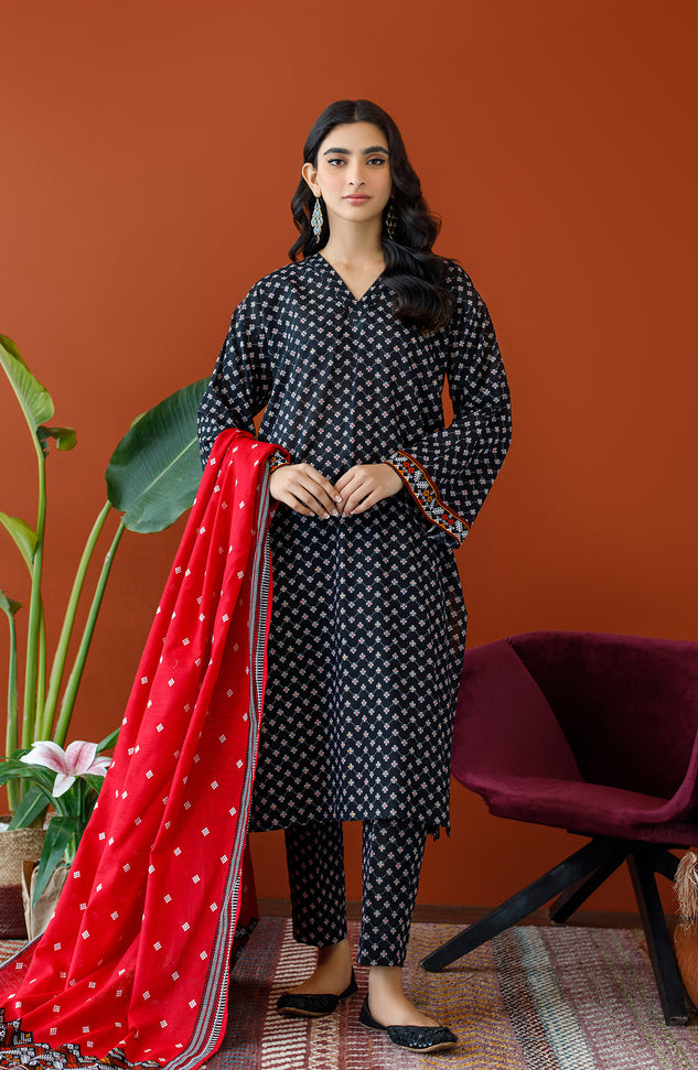 OTL-23-274/U BLACK KHADDAR Women UNSTITCHED SHIRT DUPATTA PANTS