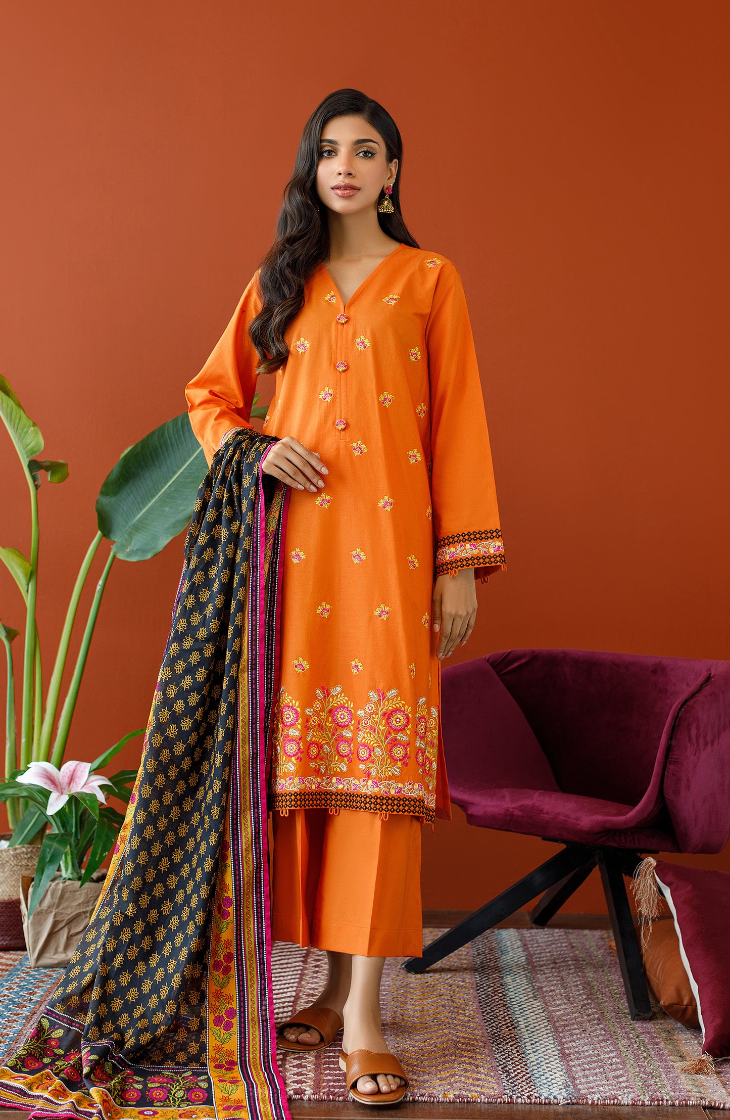 Stitched 3 Piece Embroidered Cambric Shirt , Cambric Pant and Lawn Dupatta (OTL-23-196/S YELLOW)