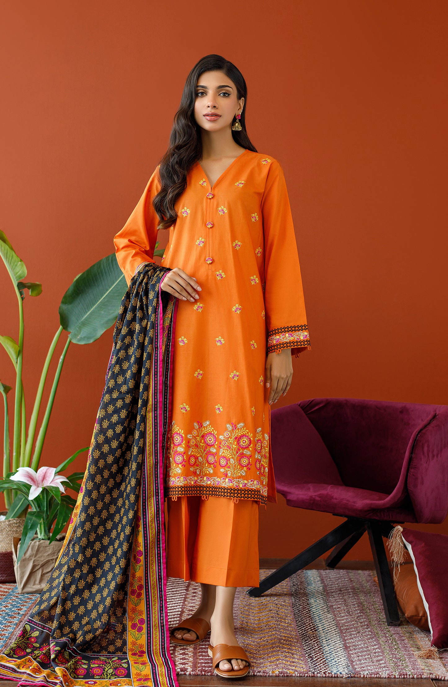 OTL-23-196/U ORANGE CAMBRIC Women UNSTITCHED SHIRT DUPATTA PANTS