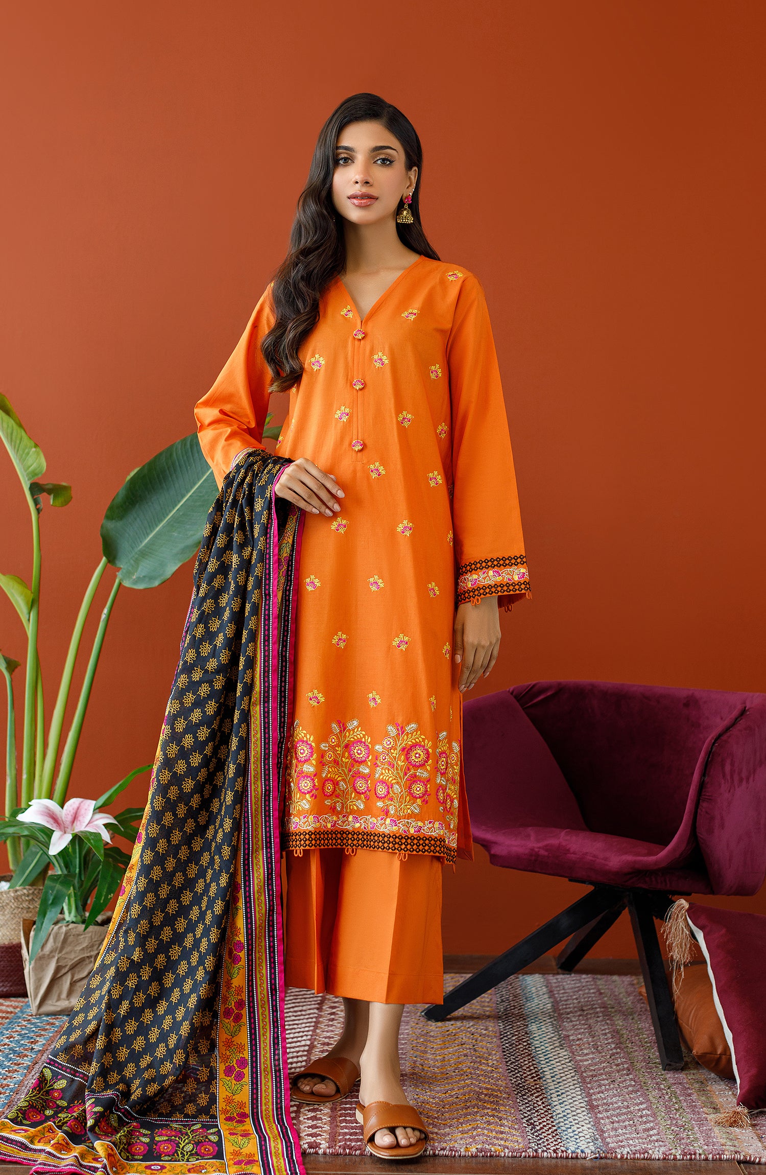 OTL-23-196/U ORANGE CAMBRIC Women UNSTITCHED SHIRT DUPATTA PANTS