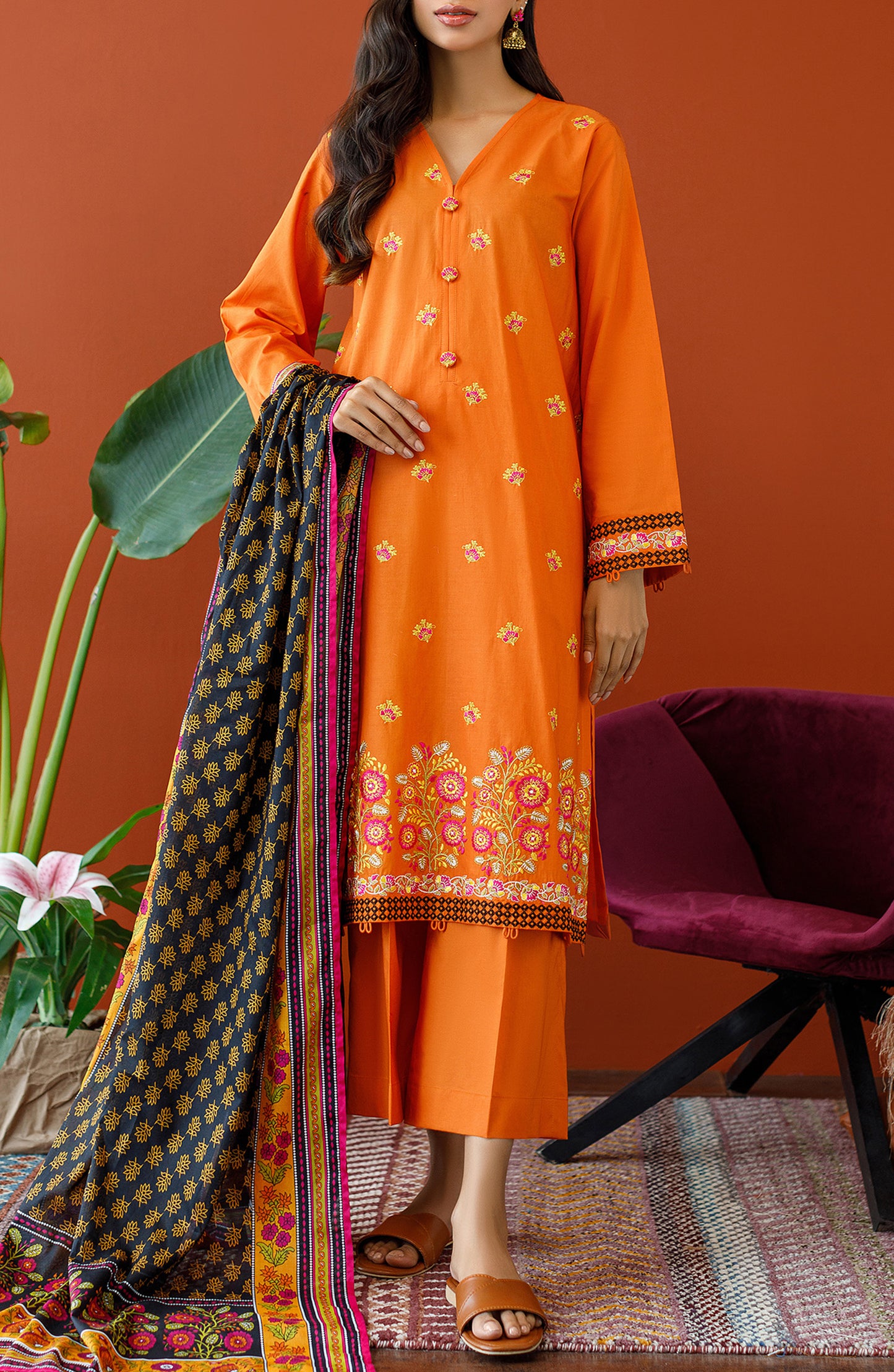 OTL-23-196/U ORANGE CAMBRIC Women UNSTITCHED SHIRT DUPATTA PANTS
