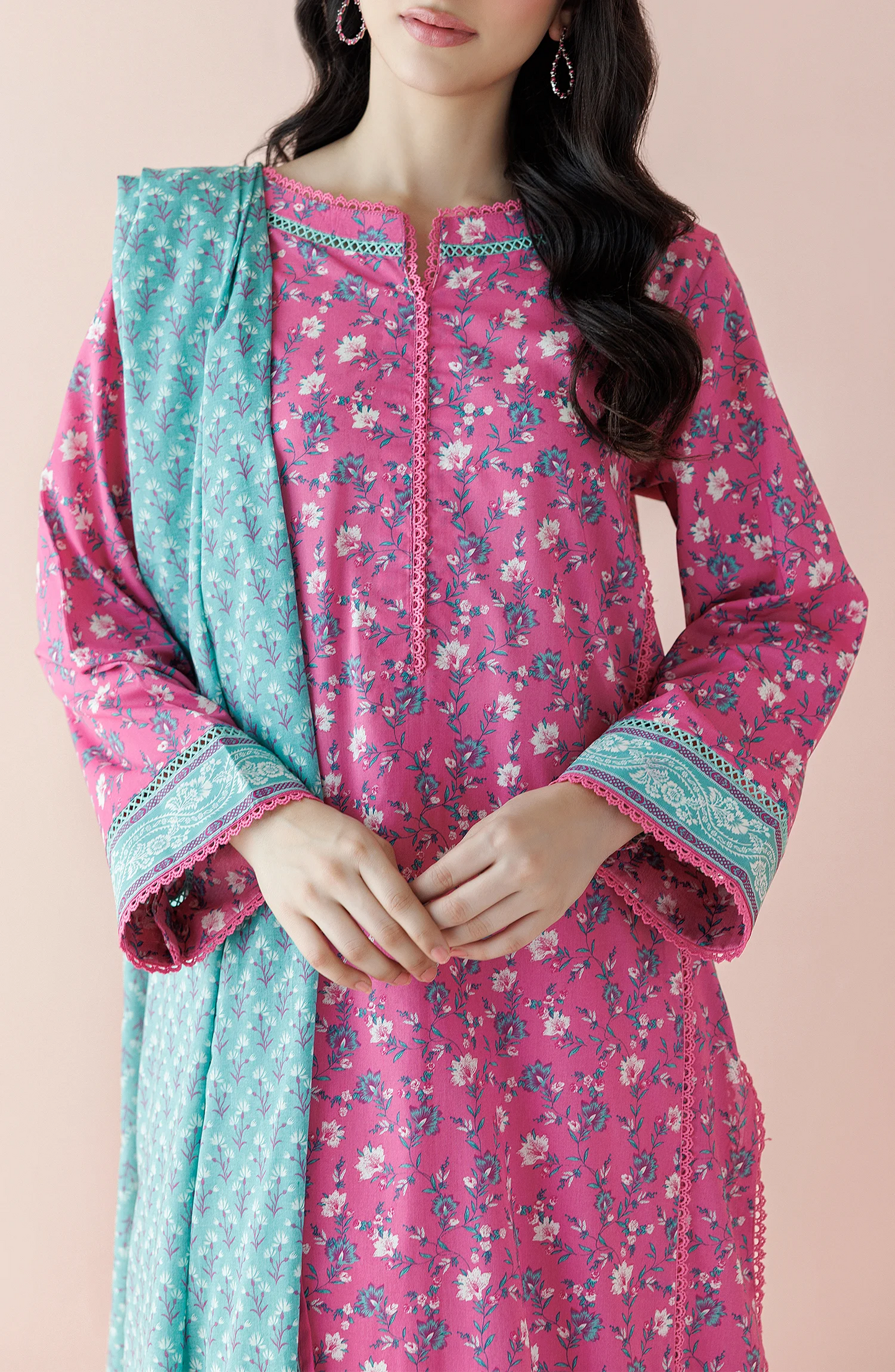 Woman wearing a pink floral kurta with a matching dupatta on a traditional dyed shalwar. Unstitched Printed Lawn Shirt Dupatta & Pant - 3 Piece Suits - OTL-20035