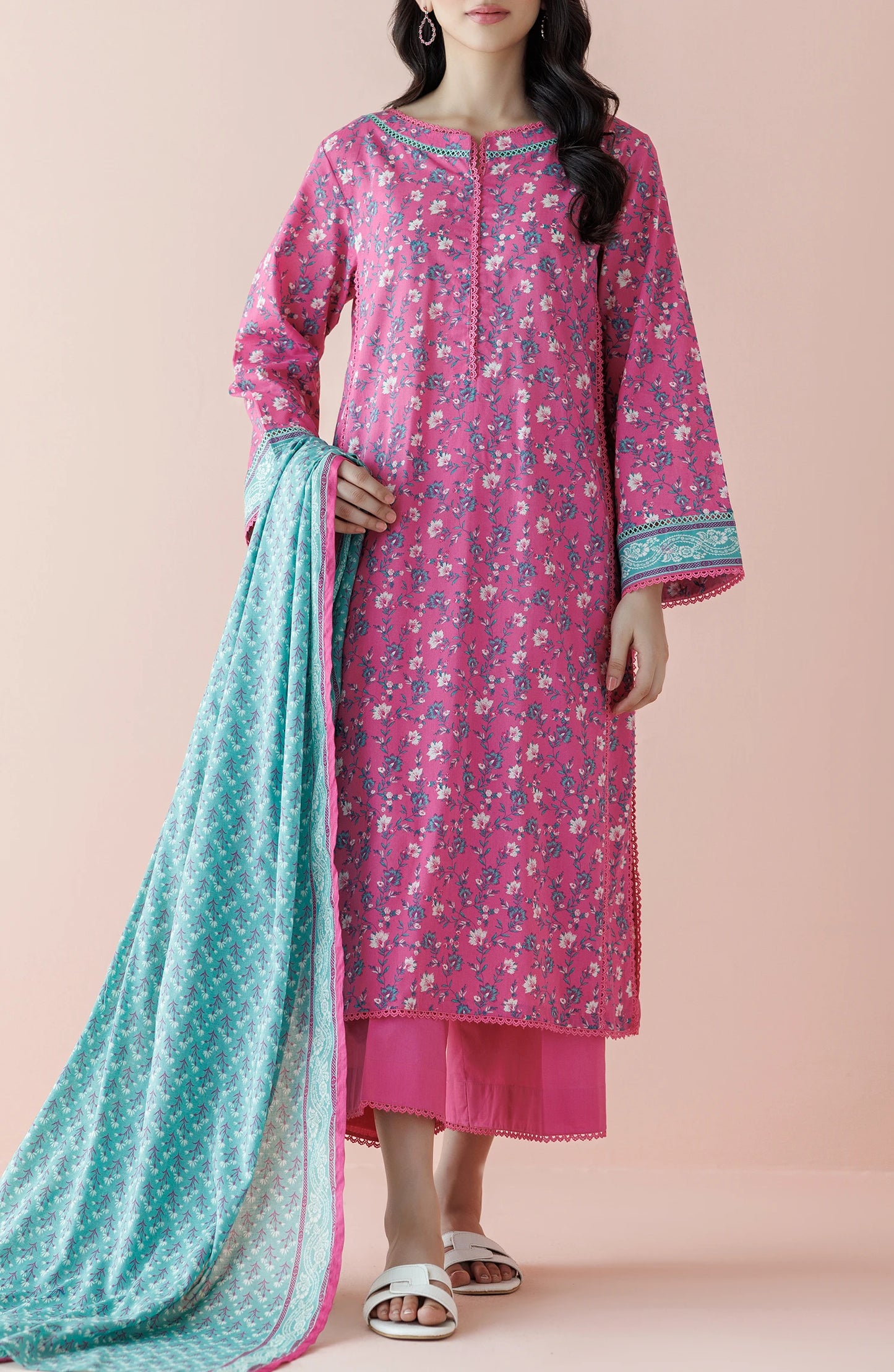Woman wearing a pink floral kurta with a matching dupatta on a traditional dyed shalwar. Unstitched Printed Lawn Shirt Dupatta & Pant - 3 Piece Suits - OTL-20035
