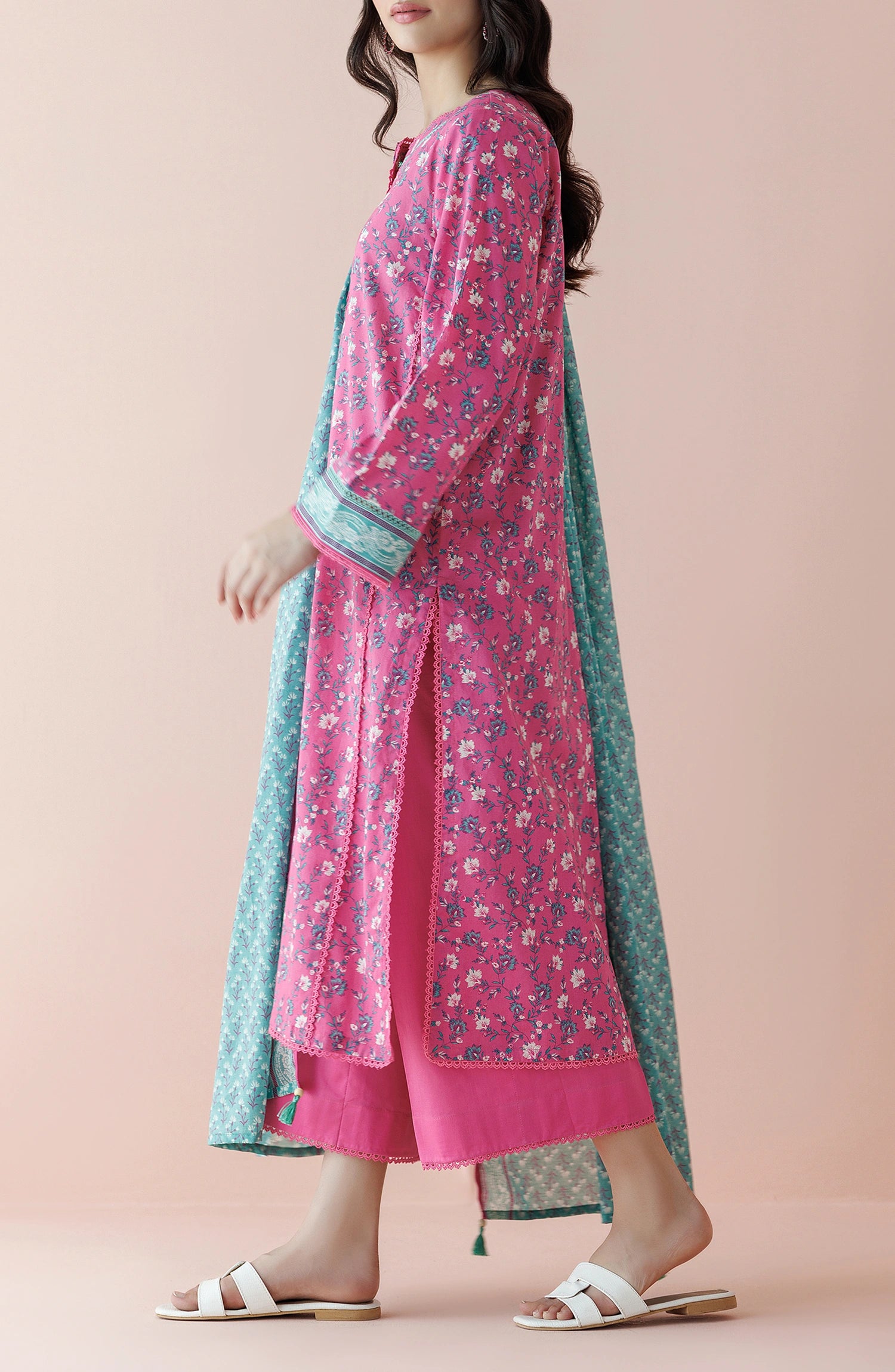 Woman wearing a pink floral kurta with a matching dupatta on a traditional dyed shalwar. Unstitched Printed Lawn Shirt Dupatta & Pant - 3 Piece Suits - OTL-20035