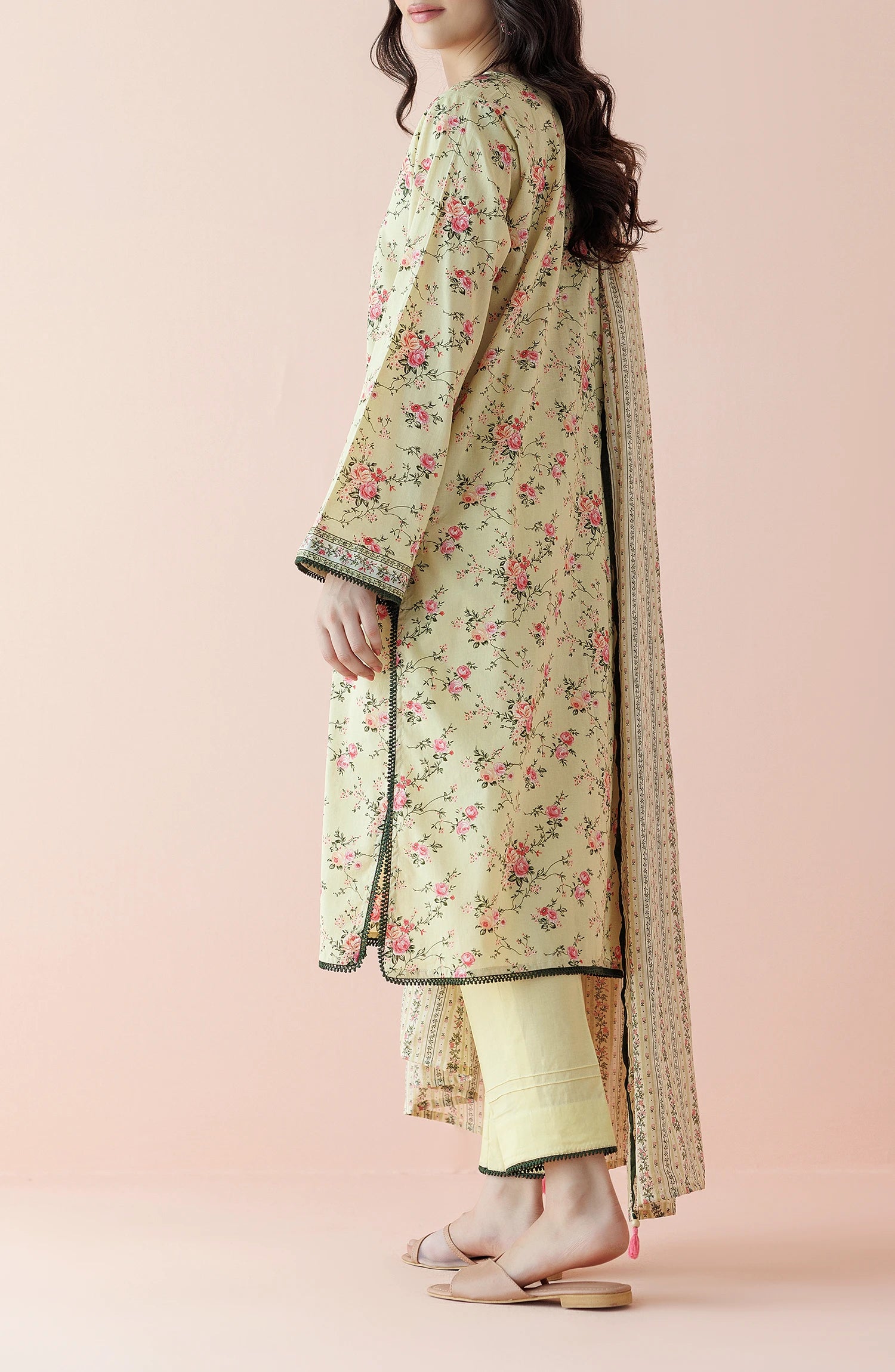 Woman wearing a floral dress with a matching dupatta on a plain classic shalwar. Unstitched Printed Lawn Shirt Dupatta & Pant - 3 Piece Suits - OTL-20055