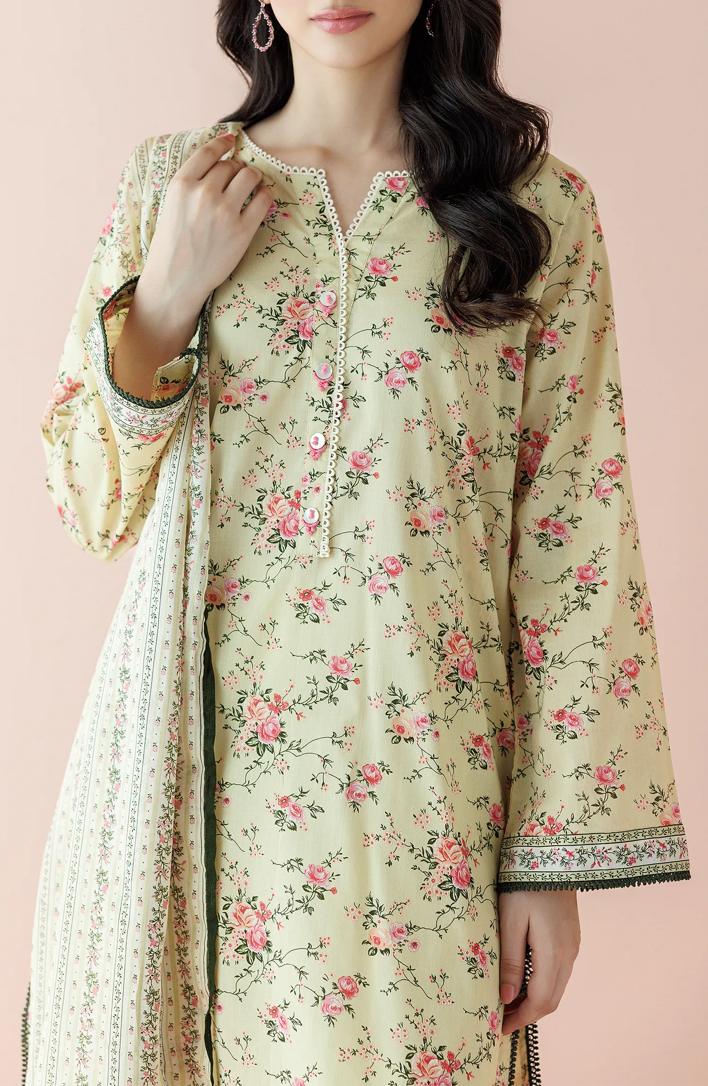 Woman wearing a floral dress with a matching dupatta on a plain classic shalwar. Unstitched Printed Lawn Shirt Dupatta & Pant - 3 Piece Suits - OTL-20055