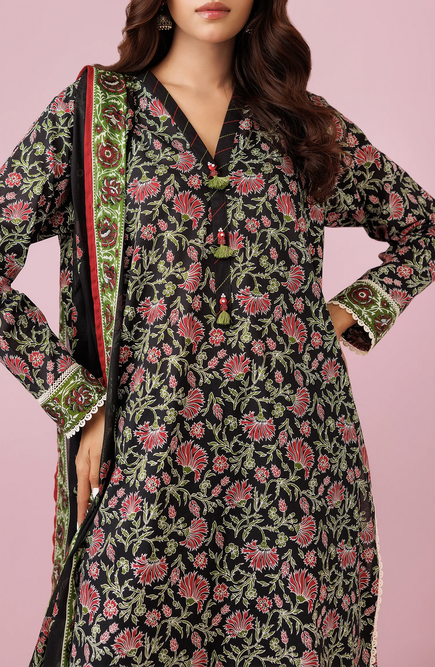 Woman wearing a floral dress with a black dupatta on a black trouser. Unstitched Printed Lawn Shirt Dupatta & Pant - 3 Piece Suits - OTL-20075