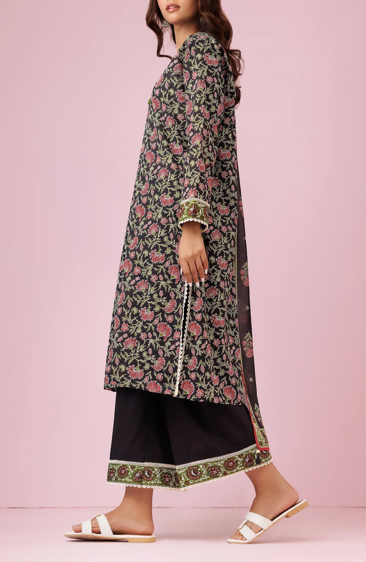 Woman wearing a floral dress with a black dupatta on a black trouser. Unstitched Printed Lawn Shirt Dupatta & Pant - 3 Piece Suits - OTL-20075