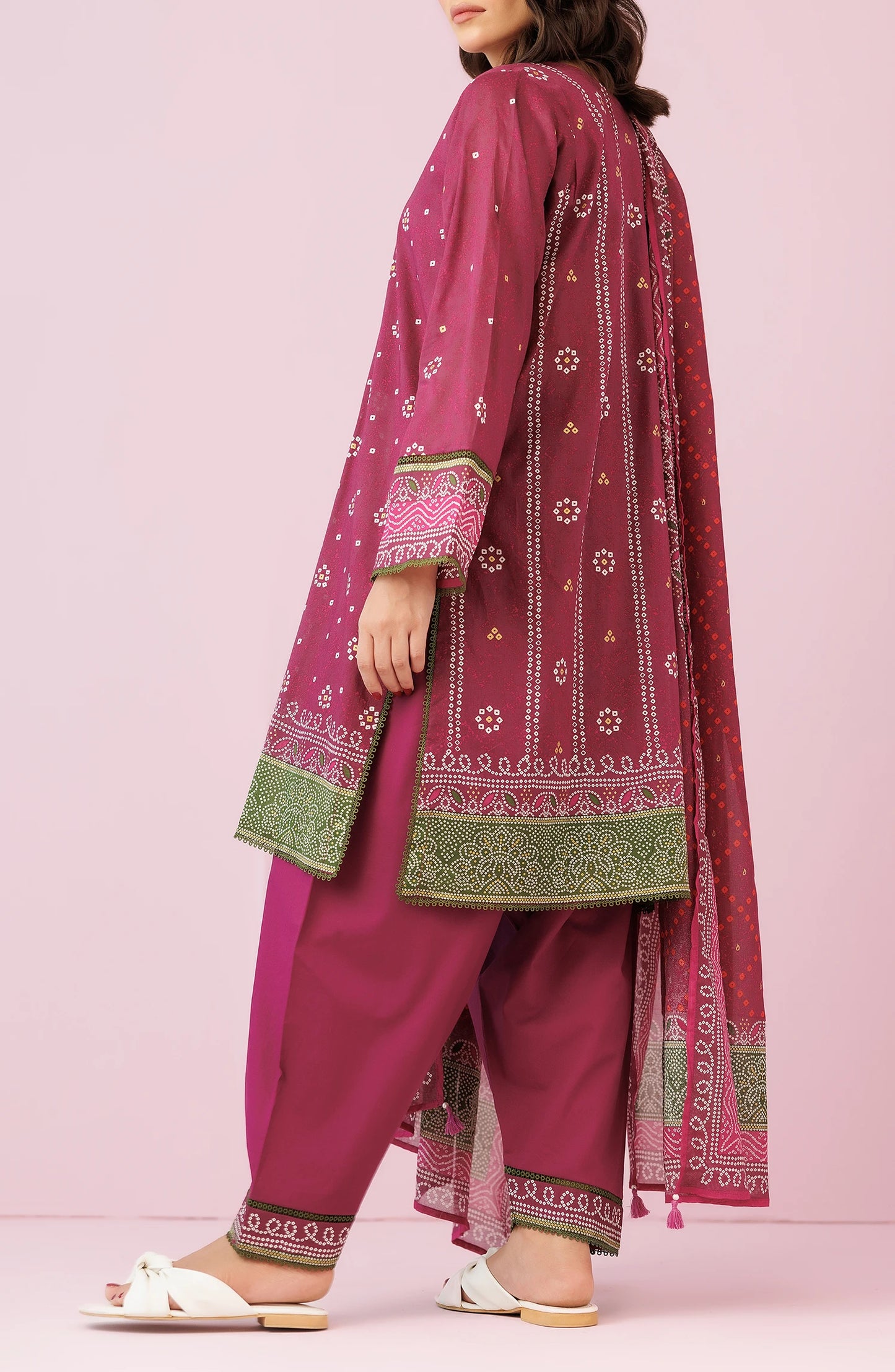 Woman wearing a magenta traditional outfit with a matching dupatta on a plain trouser. Unstitched Printed Lawn Shirt Dupatta & Pant - 3 Piece Suits - OTL-20095
