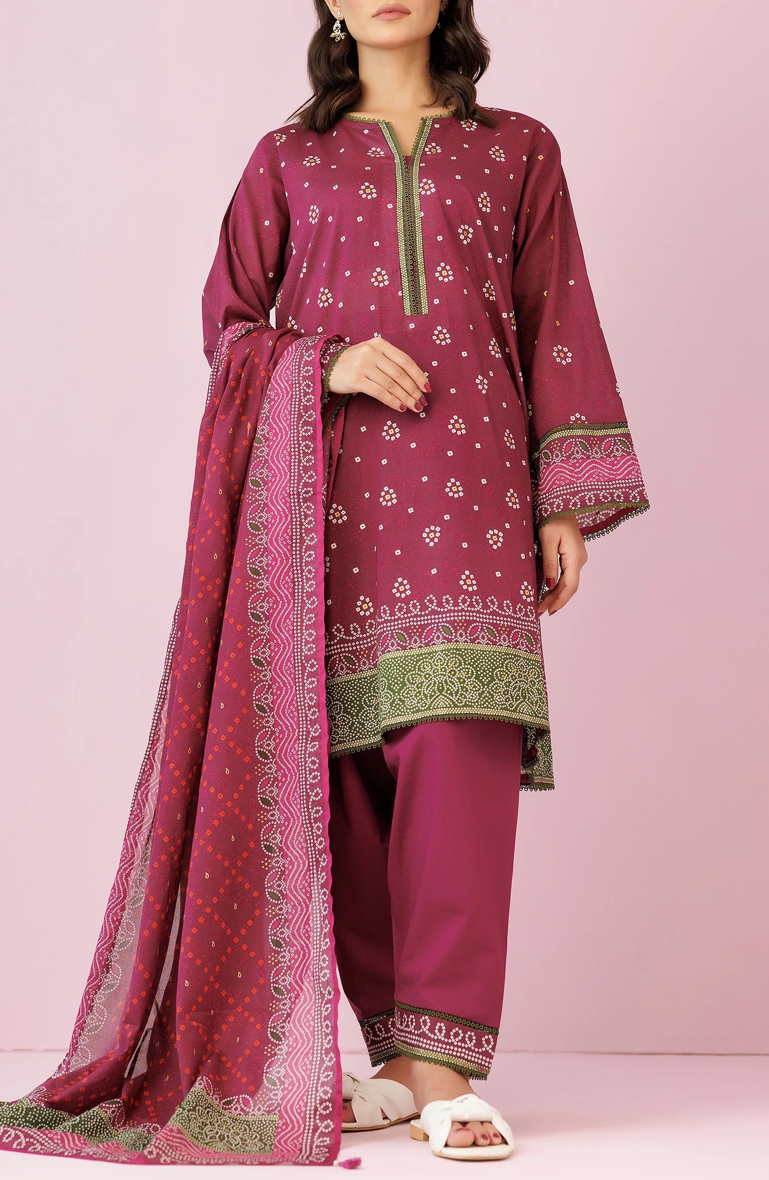 Woman wearing a magenta traditional outfit with a matching dupatta on a plain trouser. Unstitched Printed Lawn Shirt Dupatta & Pant - 3 Piece Suits - OTL-20095
