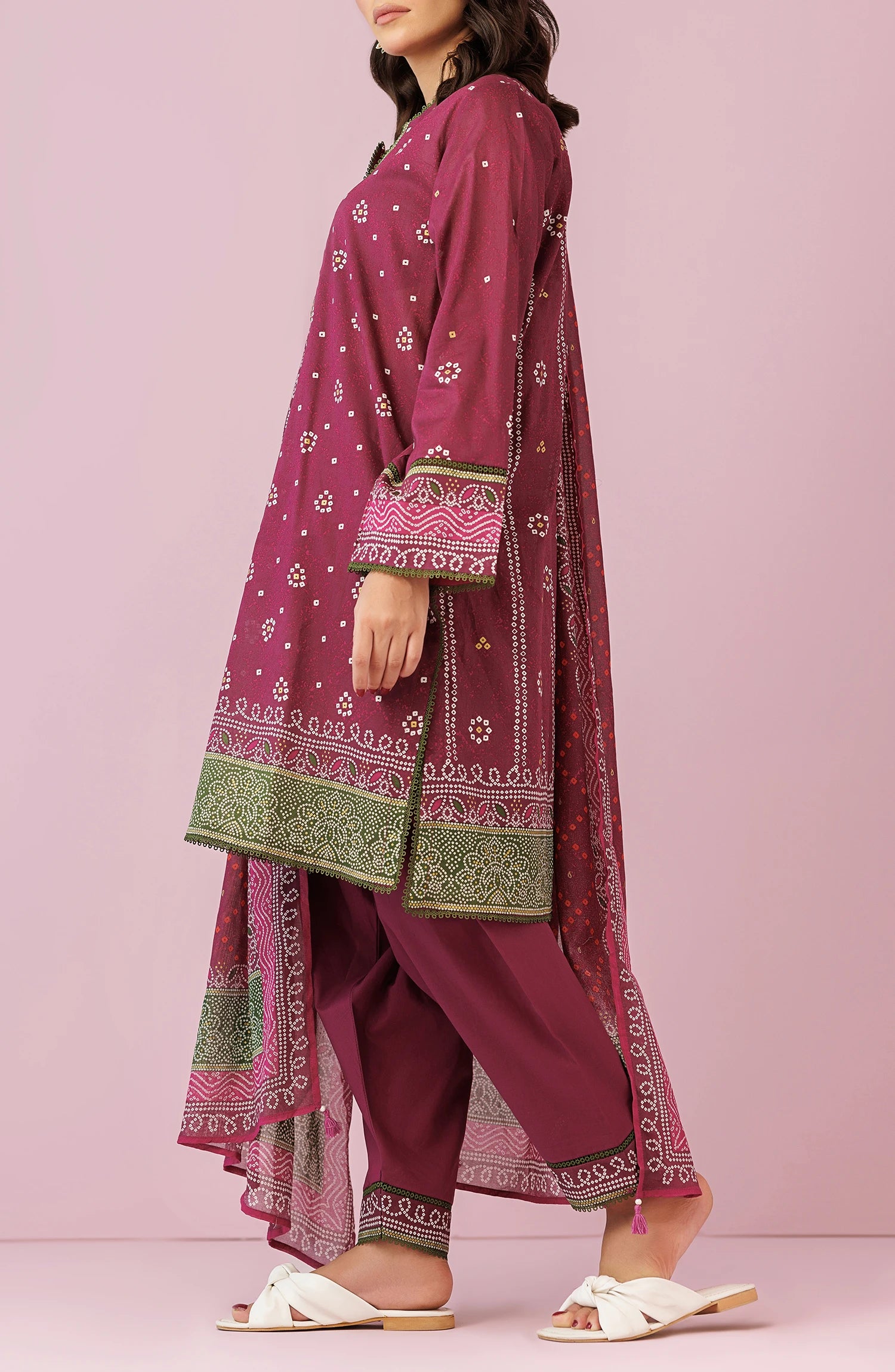 Woman wearing a magenta traditional outfit with a matching dupatta on a plain trouser. Unstitched Printed Lawn Shirt Dupatta & Pant - 3 Piece Suits - OTL-20095