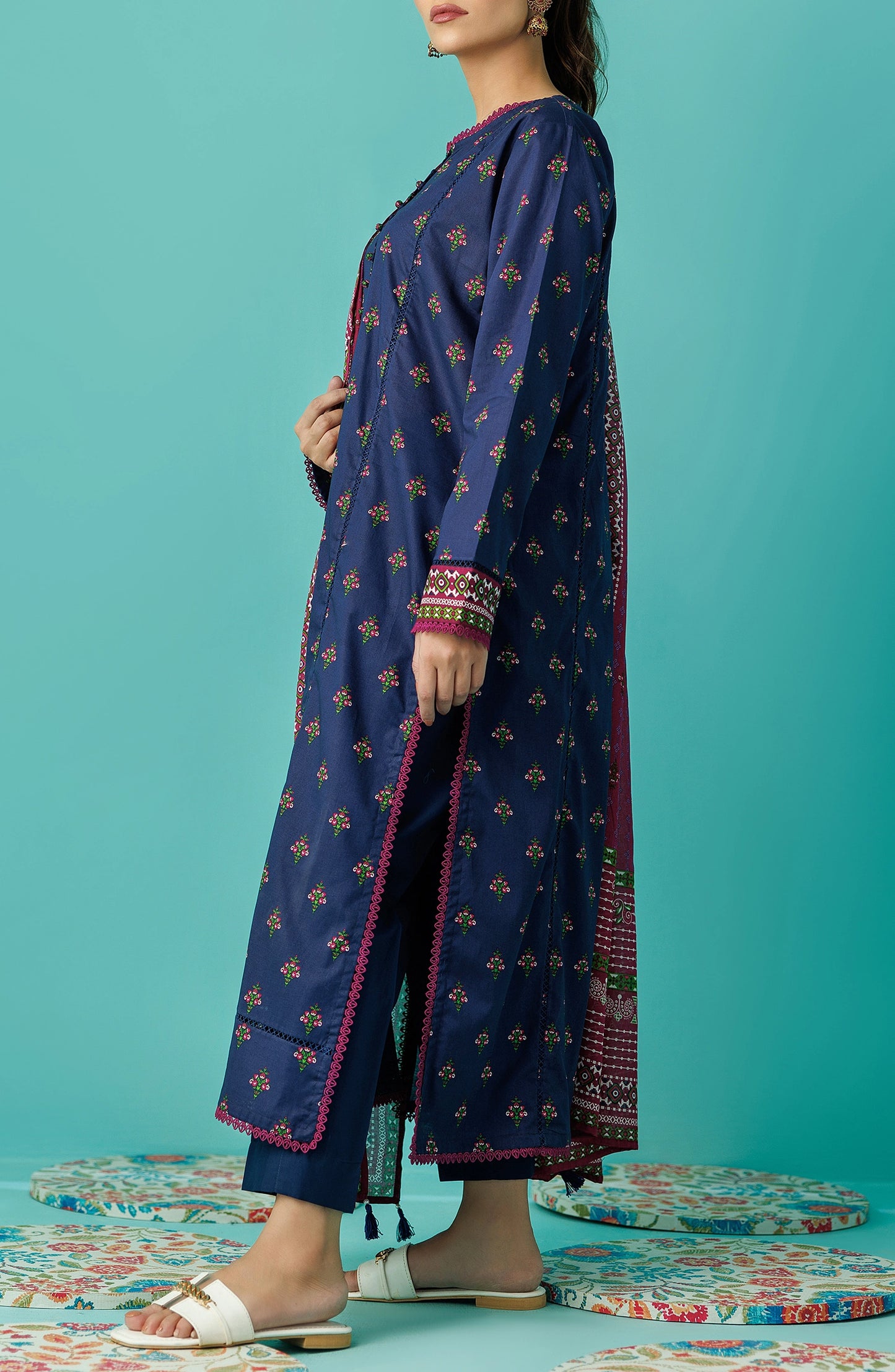 Woman wearing a blue kurta with a pink dupatta against dyed traditional shalwar. Unstitched Printed Lawn Shirt Dupatta & Pant - 3 Piece Suits - OTL-20115