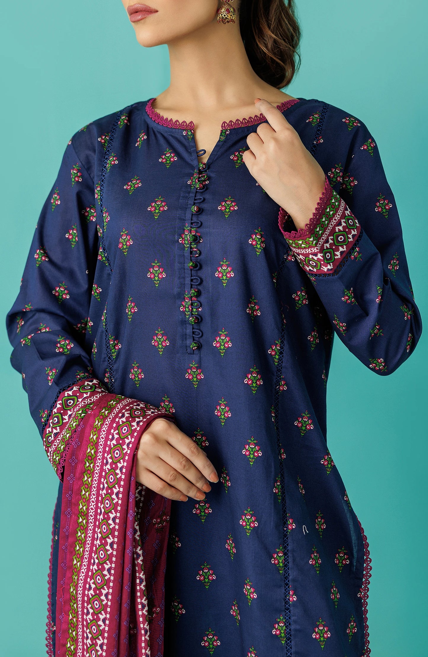 Woman wearing a blue kurta with a pink dupatta against dyed traditional shalwar. Unstitched Printed Lawn Shirt Dupatta & Pant - 3 Piece Suits - OTL-20115