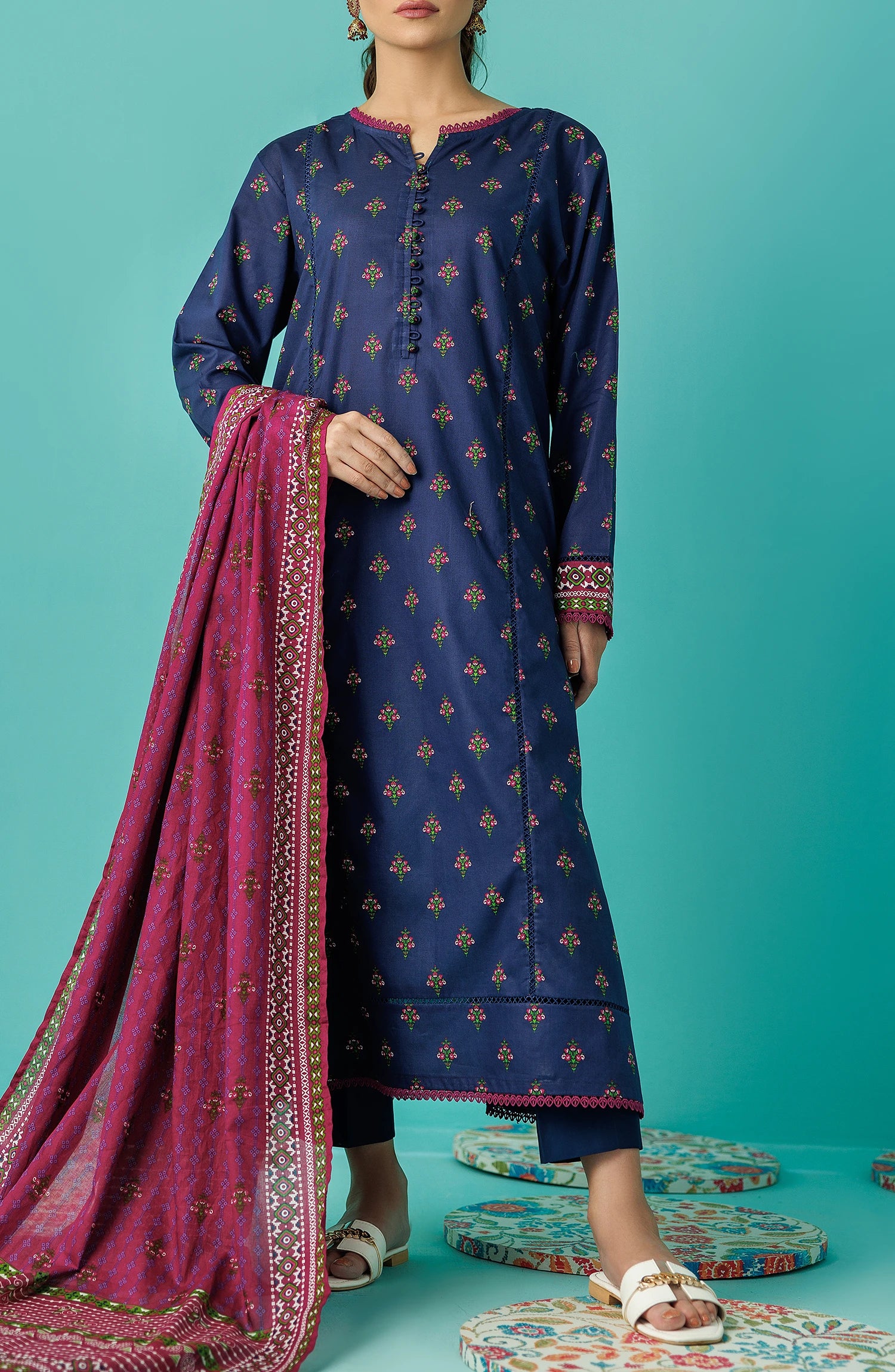 Woman wearing a blue kurta with a pink dupatta against dyed traditional shalwar. Unstitched Printed Lawn Shirt Dupatta & Pant - 3 Piece Suits - OTL-20115