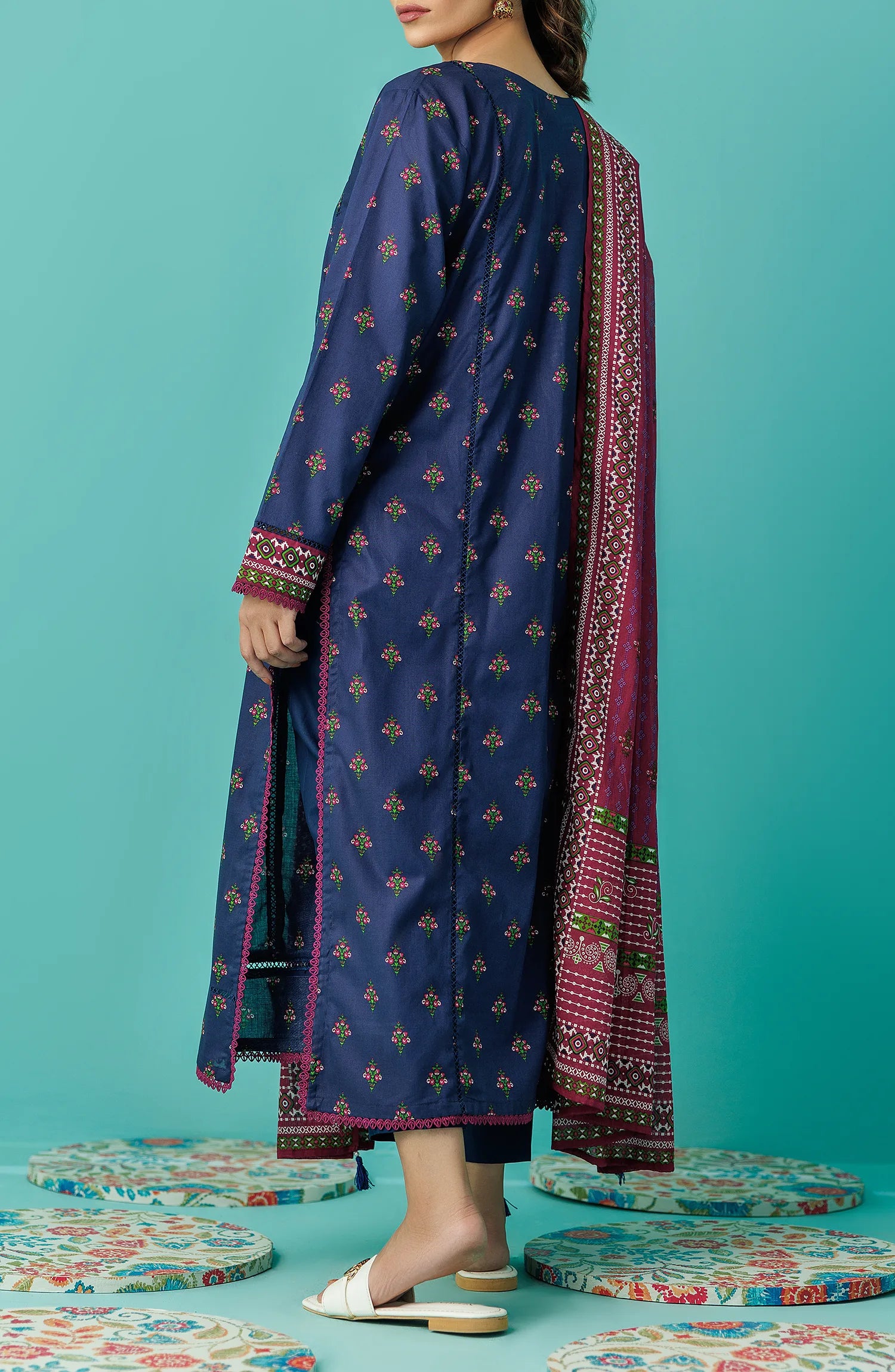 Woman wearing a blue kurta with a pink dupatta against dyed traditional shalwar. Unstitched Printed Lawn Shirt Dupatta & Pant - 3 Piece Suits - OTL-20115