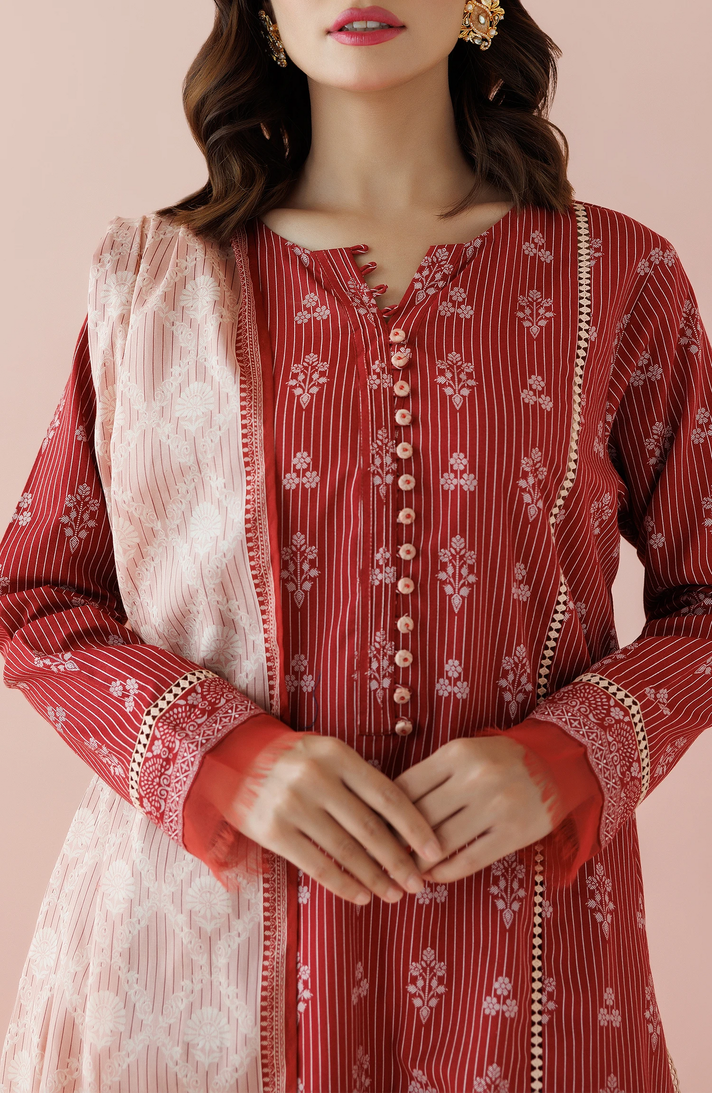 Red patterned kurta with white dupatta on a dyed trouser. Unstitched Printed Lawn Shirt Dupatta & Pant - 3 Piece Suits - OTL-20165