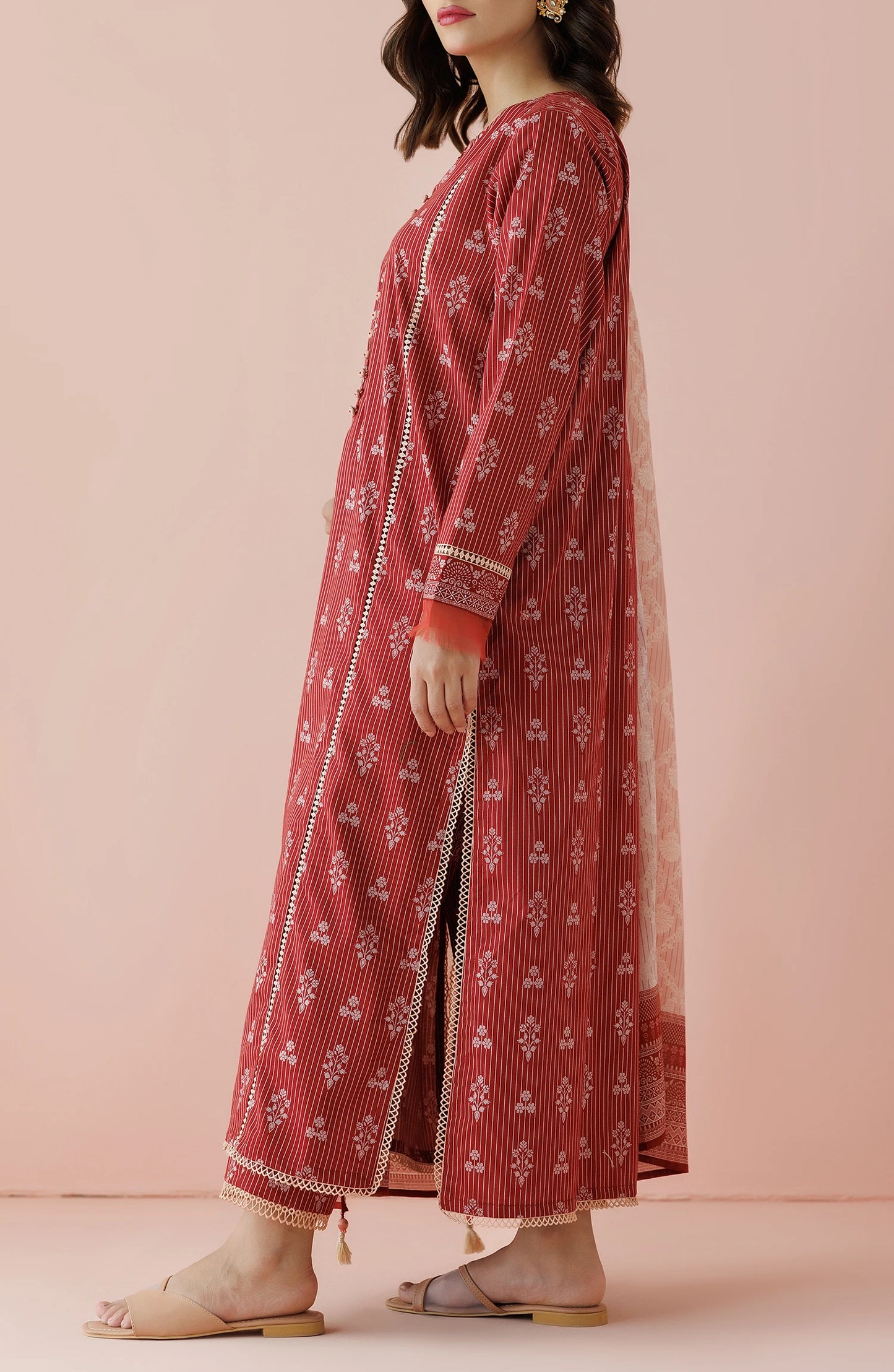 Red patterned kurta with white dupatta on a dyed trouser. Unstitched Printed Lawn Shirt Dupatta & Pant - 3 Piece Suits - OTL-20165