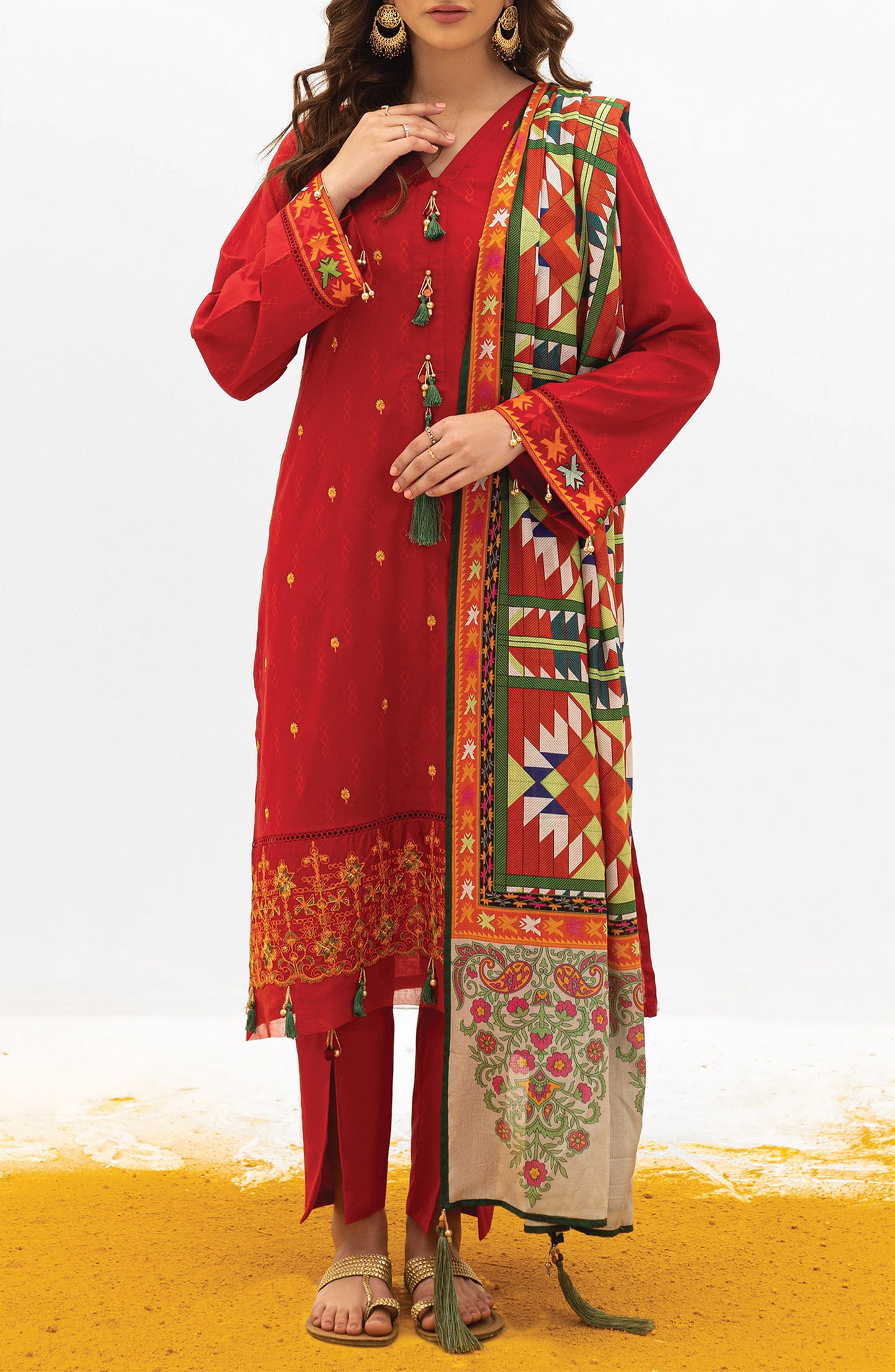 OTL-21-175/U RED LAWN  UNSTITCHED SHIRT DUPATTA PANTS