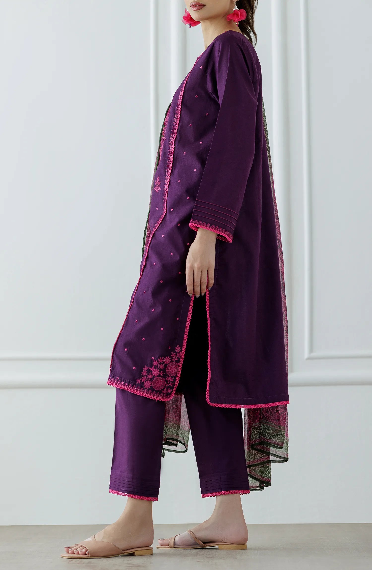 Woman wearing a purple embroidered outfit with a matching dupatta on a dyed trouser. Stitched Luxury Festive Formal Lawn Shirt Dupatta & Pant - 3 Piece Suits - OTL-24-355