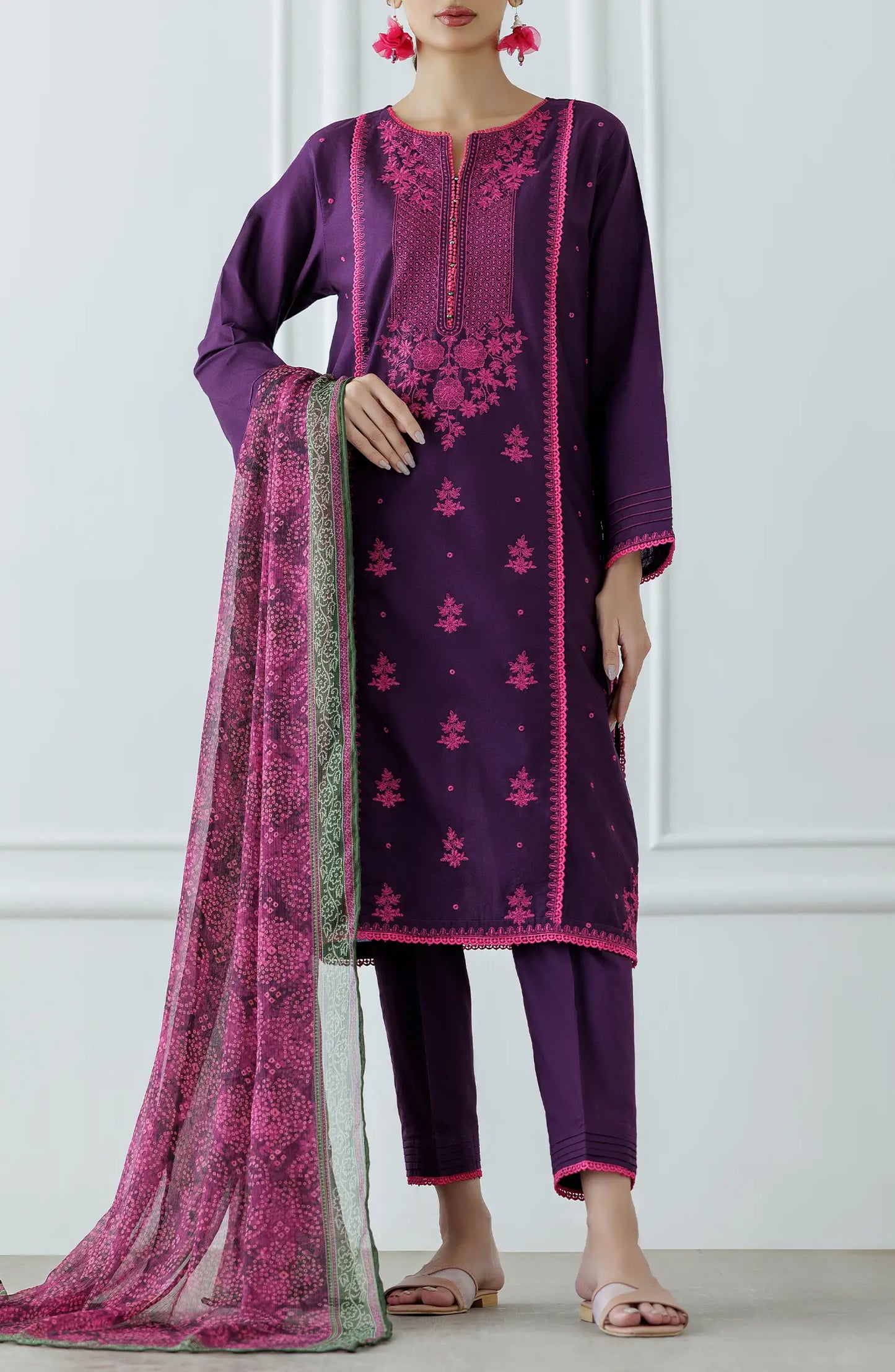 Woman wearing a purple embroidered outfit with a matching dupatta on a dyed trouser. Stitched Luxury Festive Formal Lawn Shirt Dupatta & Pant - 3 Piece Suits - OTL-24-355