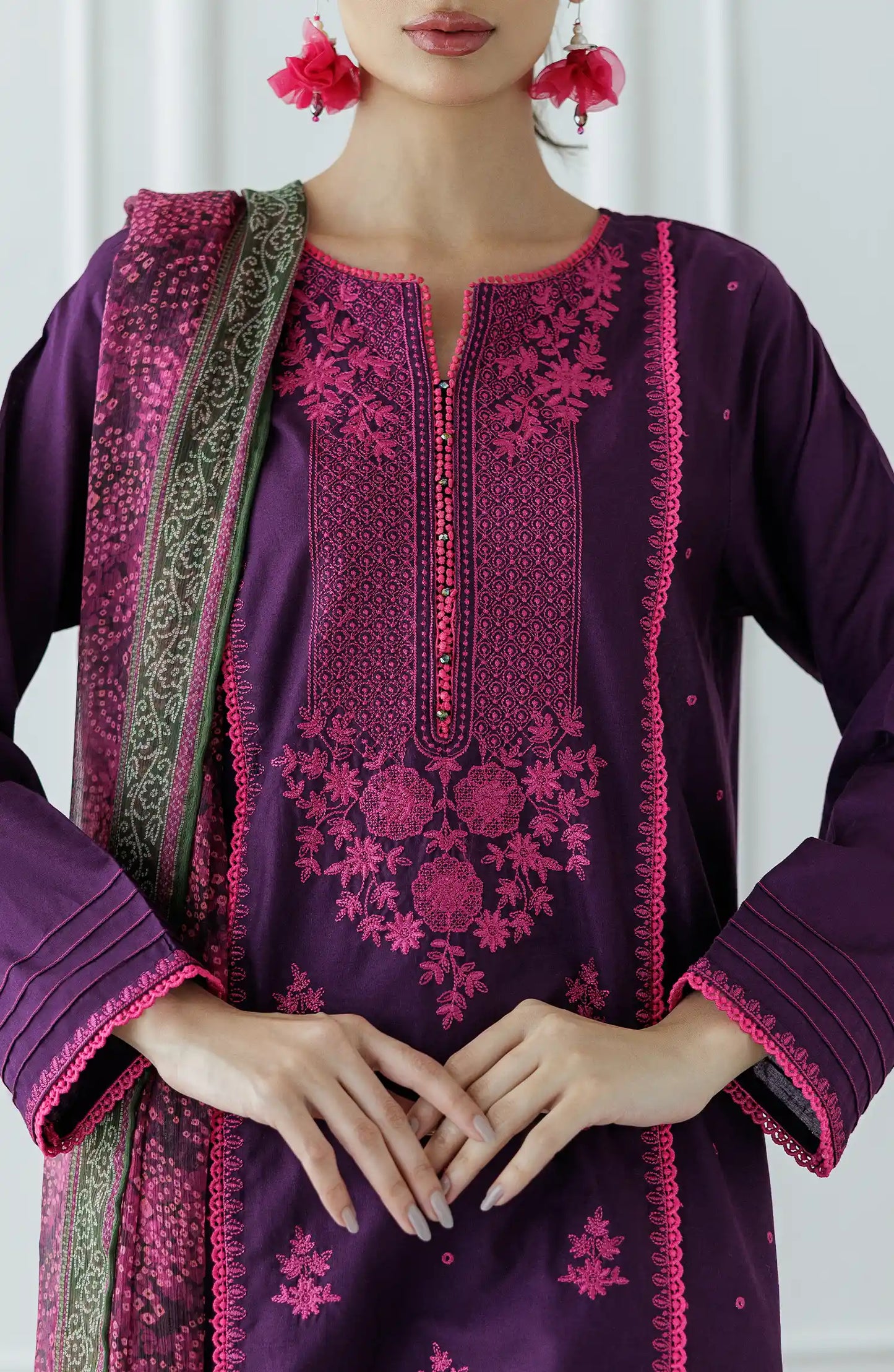 Woman wearing a purple embroidered outfit with a matching dupatta on a dyed trouser. Stitched Luxury Festive Formal Lawn Shirt Dupatta & Pant - 3 Piece Suits - OTL-24-355