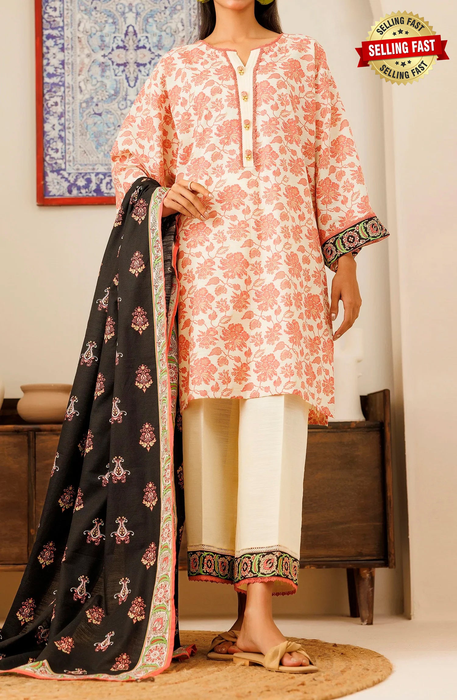 Stitched 3 Piece Printed Khaddar Shirt , Khaddar Pant and Khaddar Dupatta (OTL-24-425/S BEIGE)