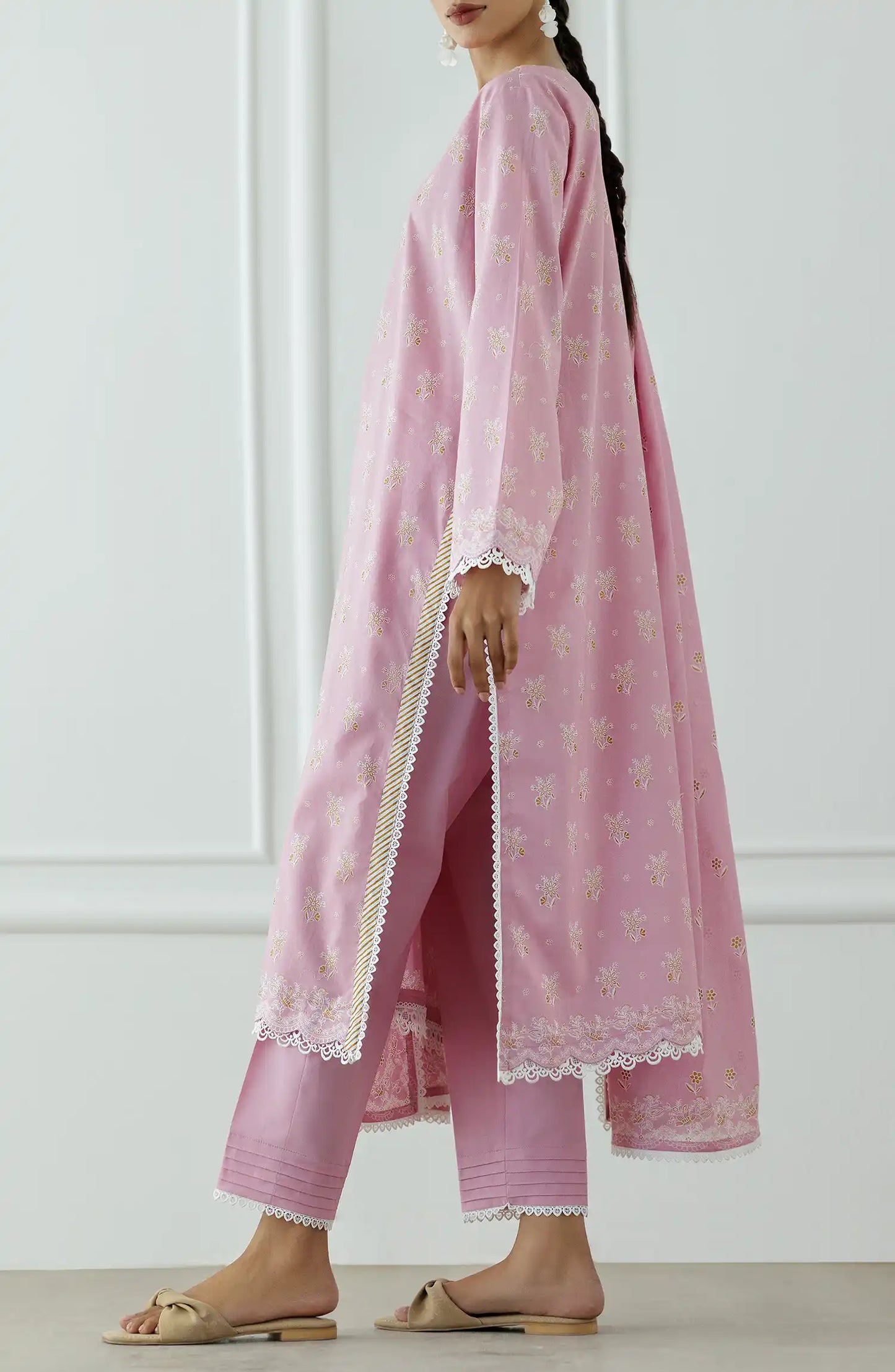 Woman wearing a pink traditional outfit with a dyed trouser. Stitched Printed Lawn Shirt Dupatta & Pant - 3 Piece Suits - OTL-25-026