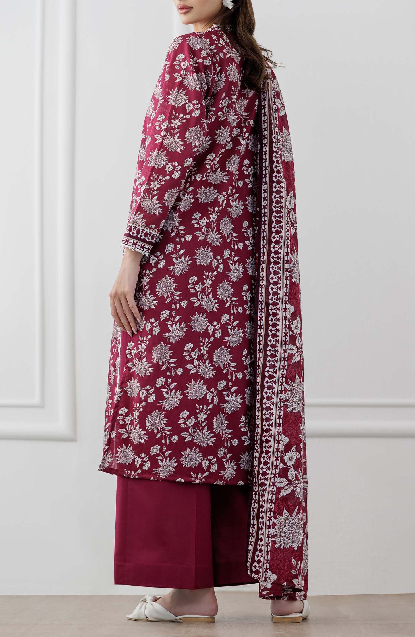 Maroon and white floral embroidered traditional outfit with a plain trouser.  Stitched Printed Lawn Shirt Dupatta & Pant - 3 Piece Suits - OTL-25-060
