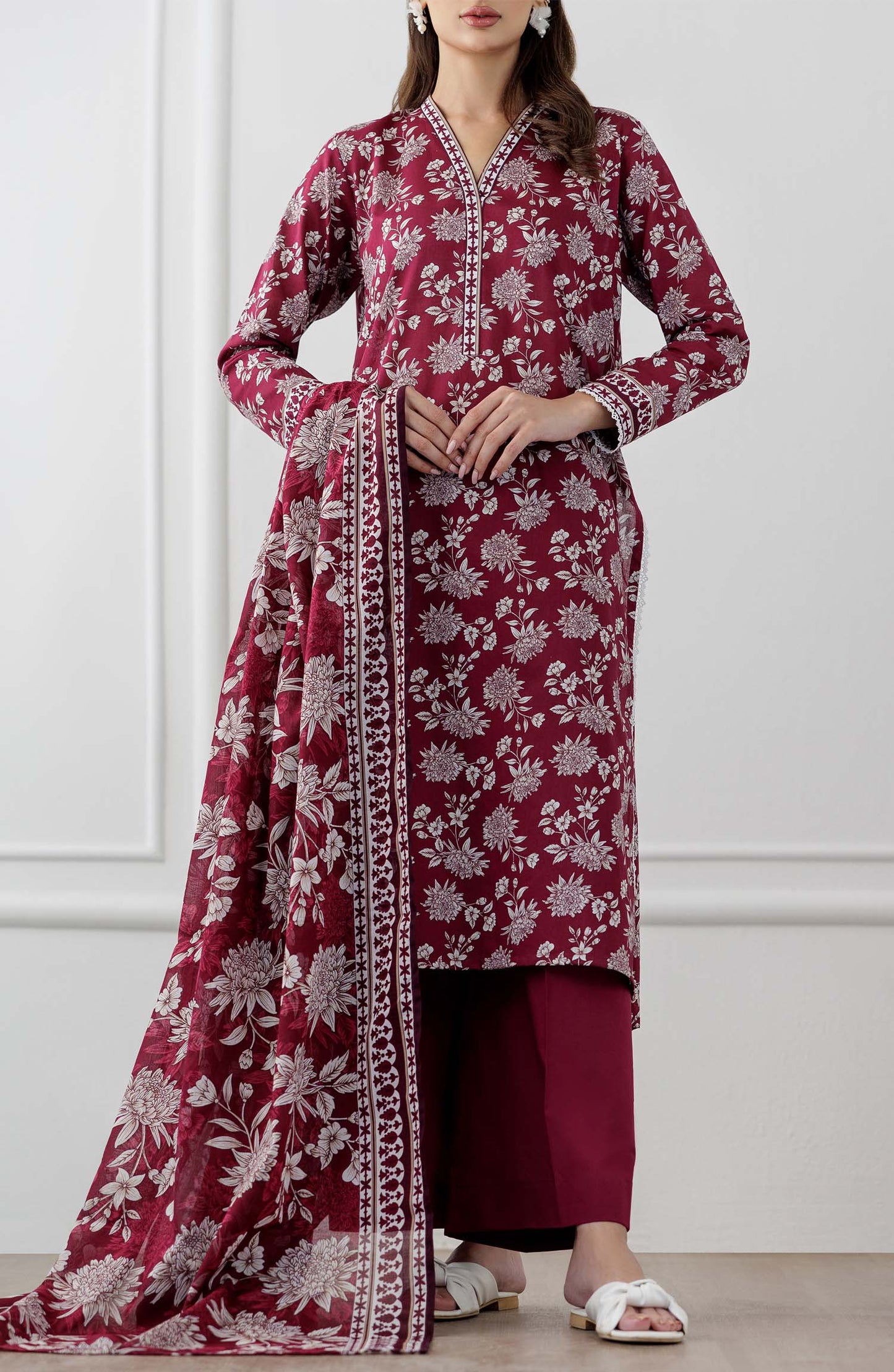 Maroon and white floral embroidered traditional outfit with a plain trouser.  Stitched Printed Lawn Shirt Dupatta & Pant - 3 Piece Suits - OTL-25-060