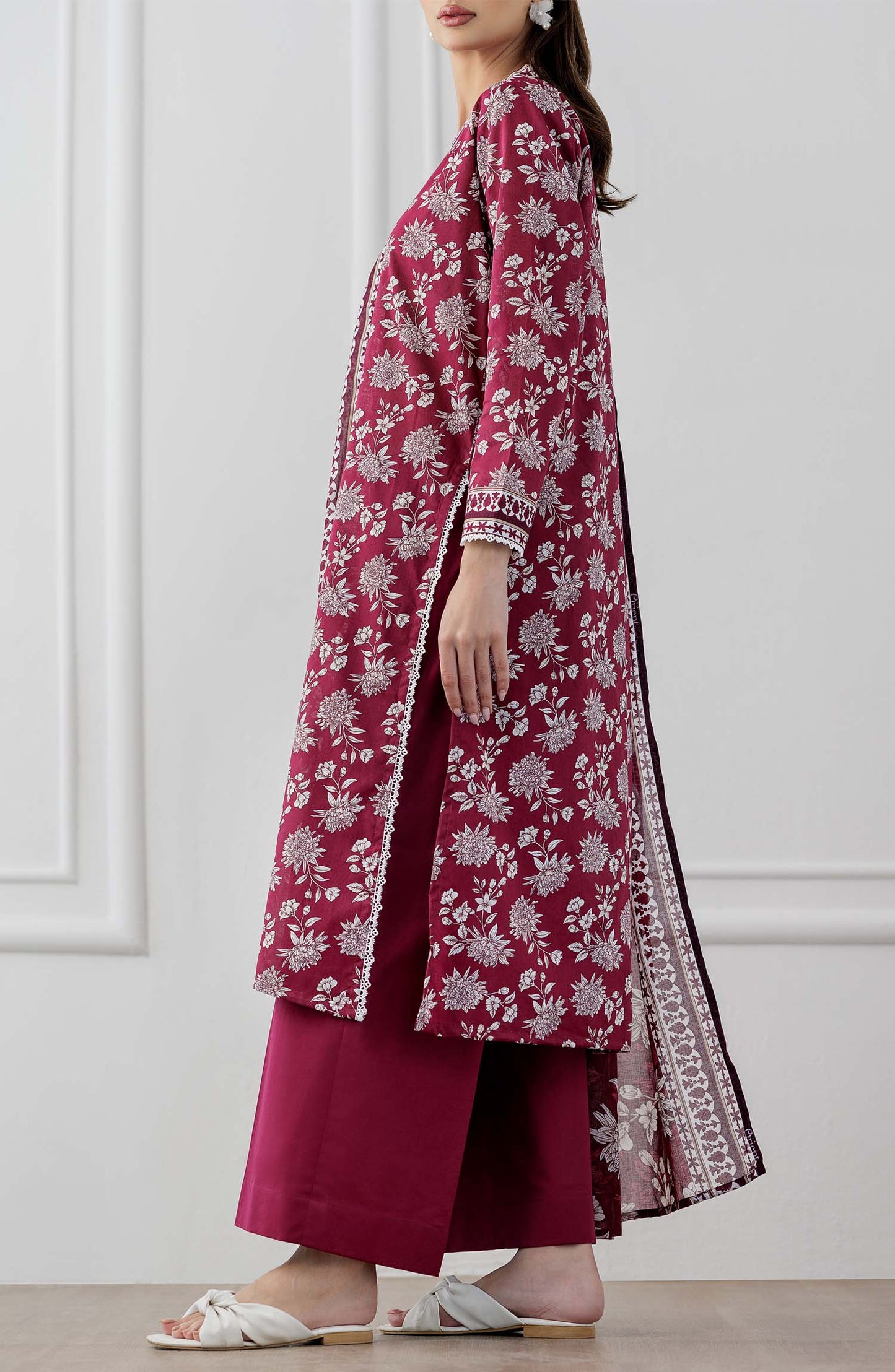Maroon and white floral embroidered traditional outfit with a plain trouser.  Stitched Printed Lawn Shirt Dupatta & Pant - 3 Piece Suits - OTL-25-060