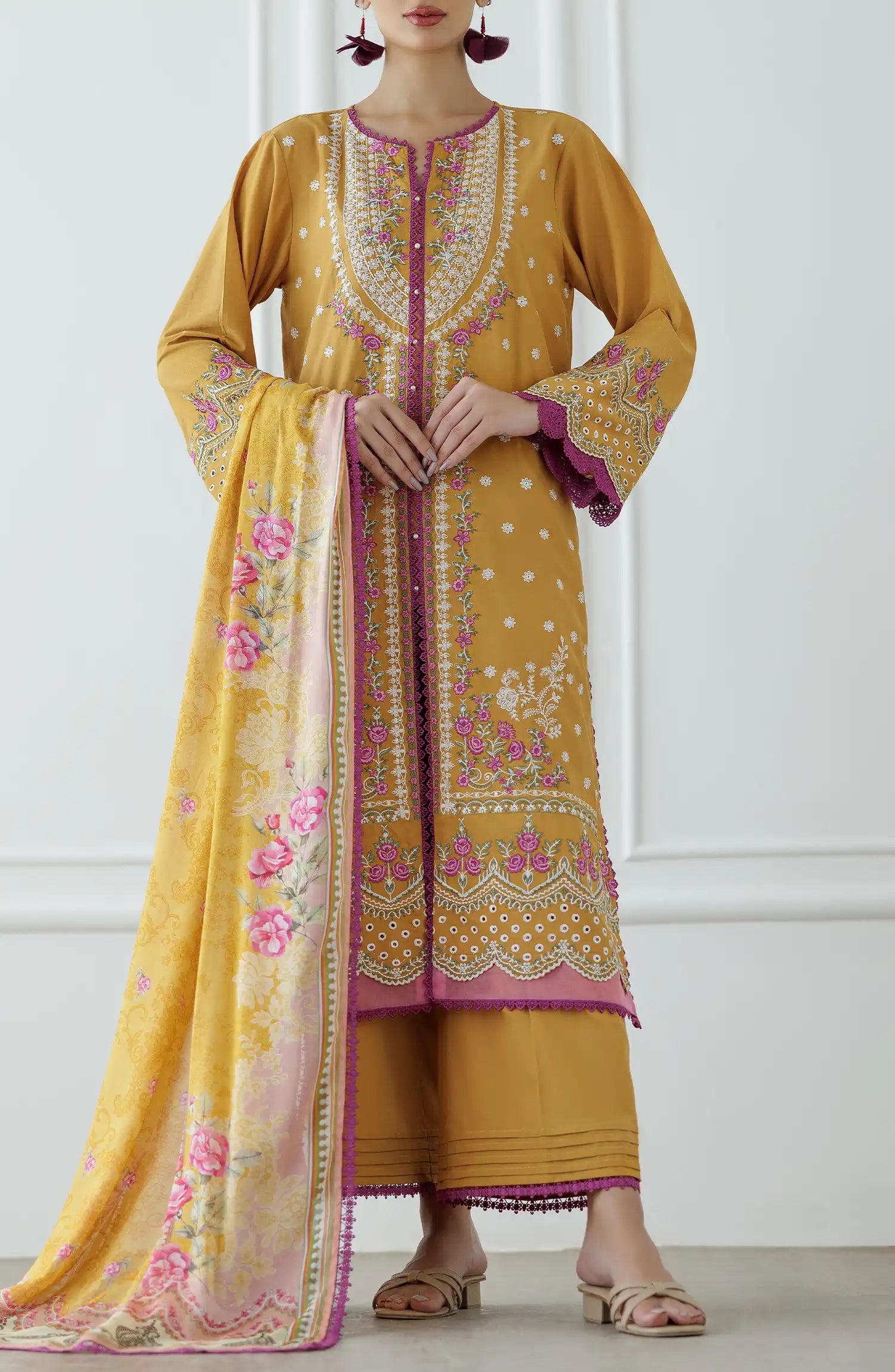 Yellow embroidered traditional outfit with pink accents on a printed dupatta. Stitched Luxury Festive Formal Lawn Shirt Dupatta & Pant - 3 Piece Suits - OTL-25-075