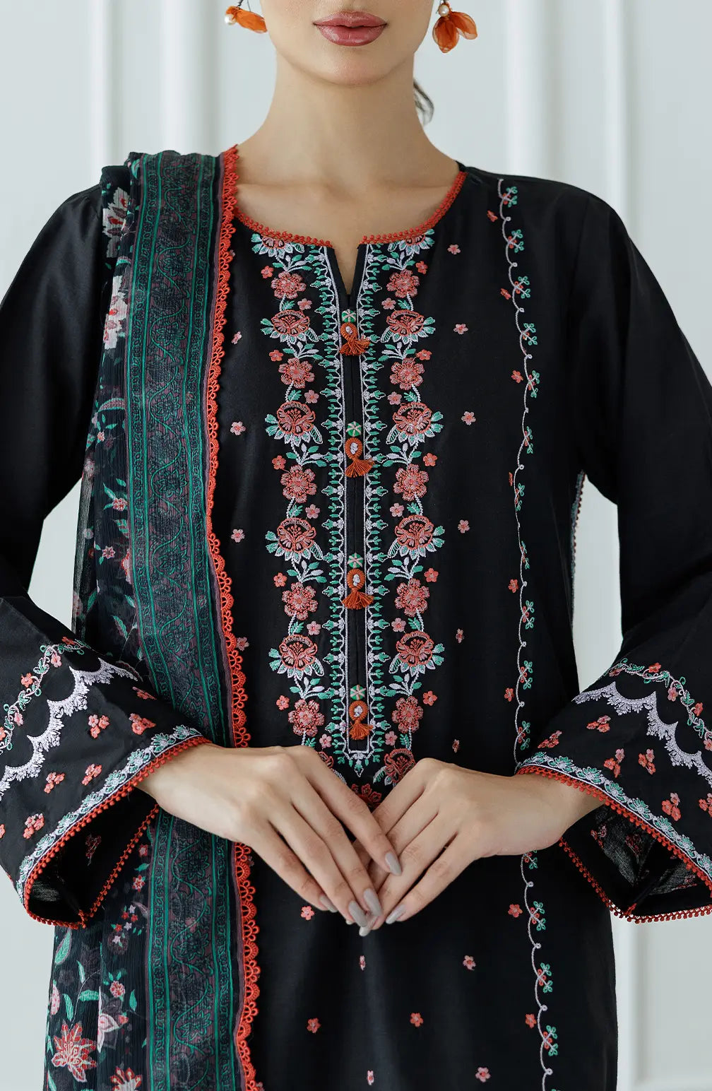 Black embroidered outfit with floral patterns and a chiffon dupatta with dyed trouser. Stitched Luxury Festive Formal Lawn Shirt Dupatta & Pant - 3 Piece Suits - OTL-25-083