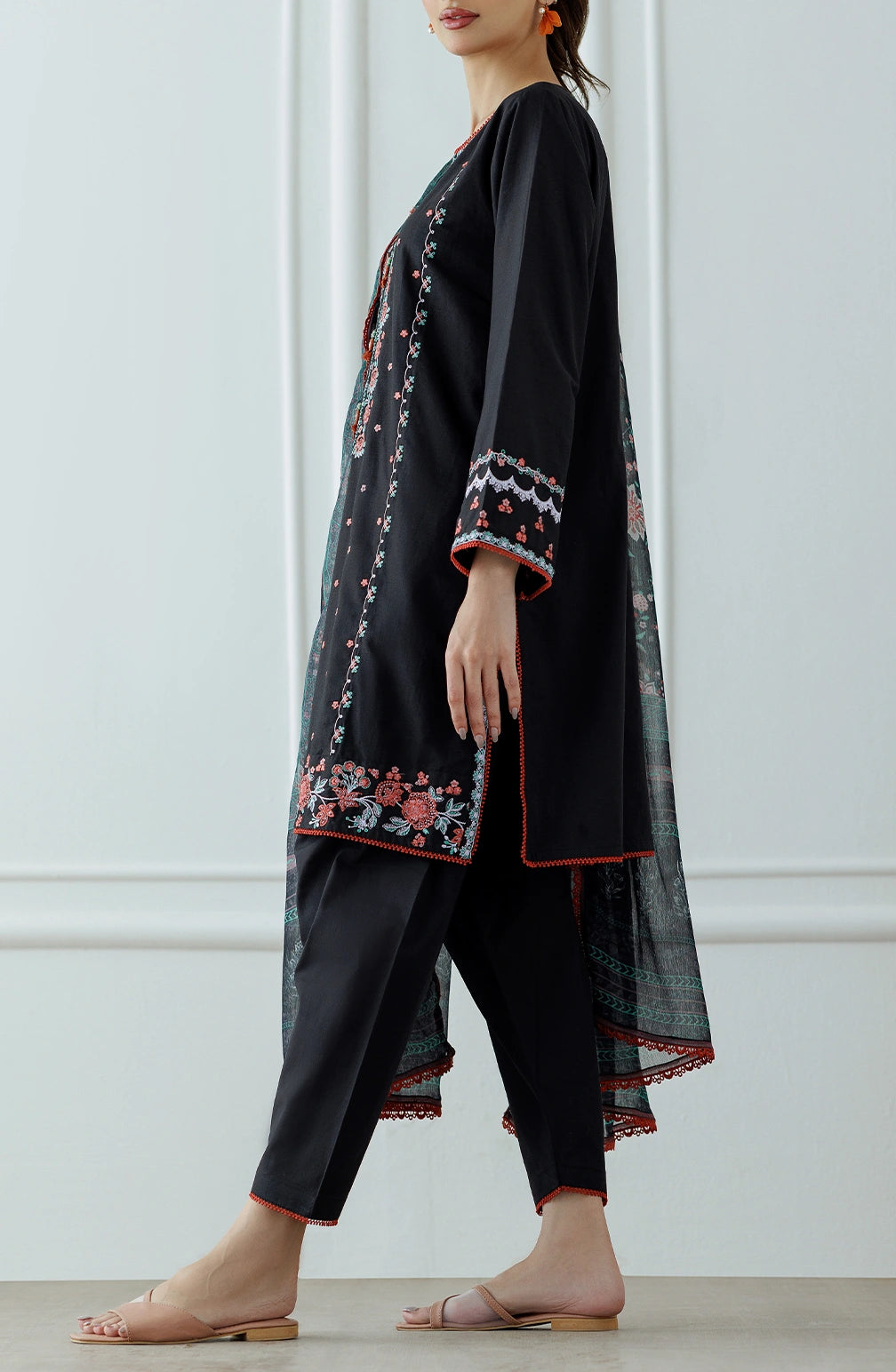 Black embroidered outfit with floral patterns and a chiffon dupatta with dyed trouser. Stitched Luxury Festive Formal Lawn Shirt Dupatta & Pant - 3 Piece Suits - OTL-25-083