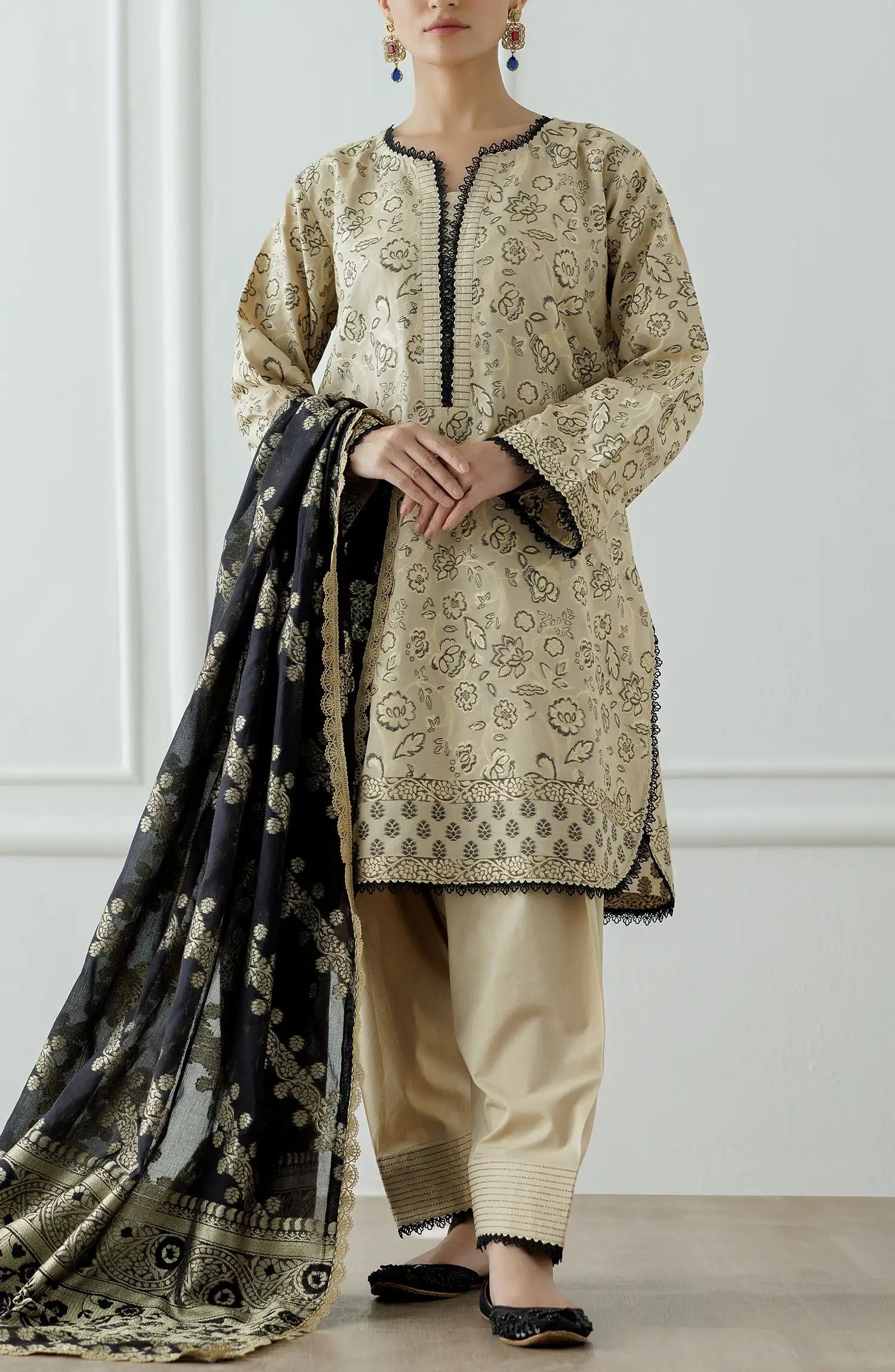 Stitched Printed Lawn Jacquard Shirt Dupatta & Pant - 3 Piece - OTL-25-110