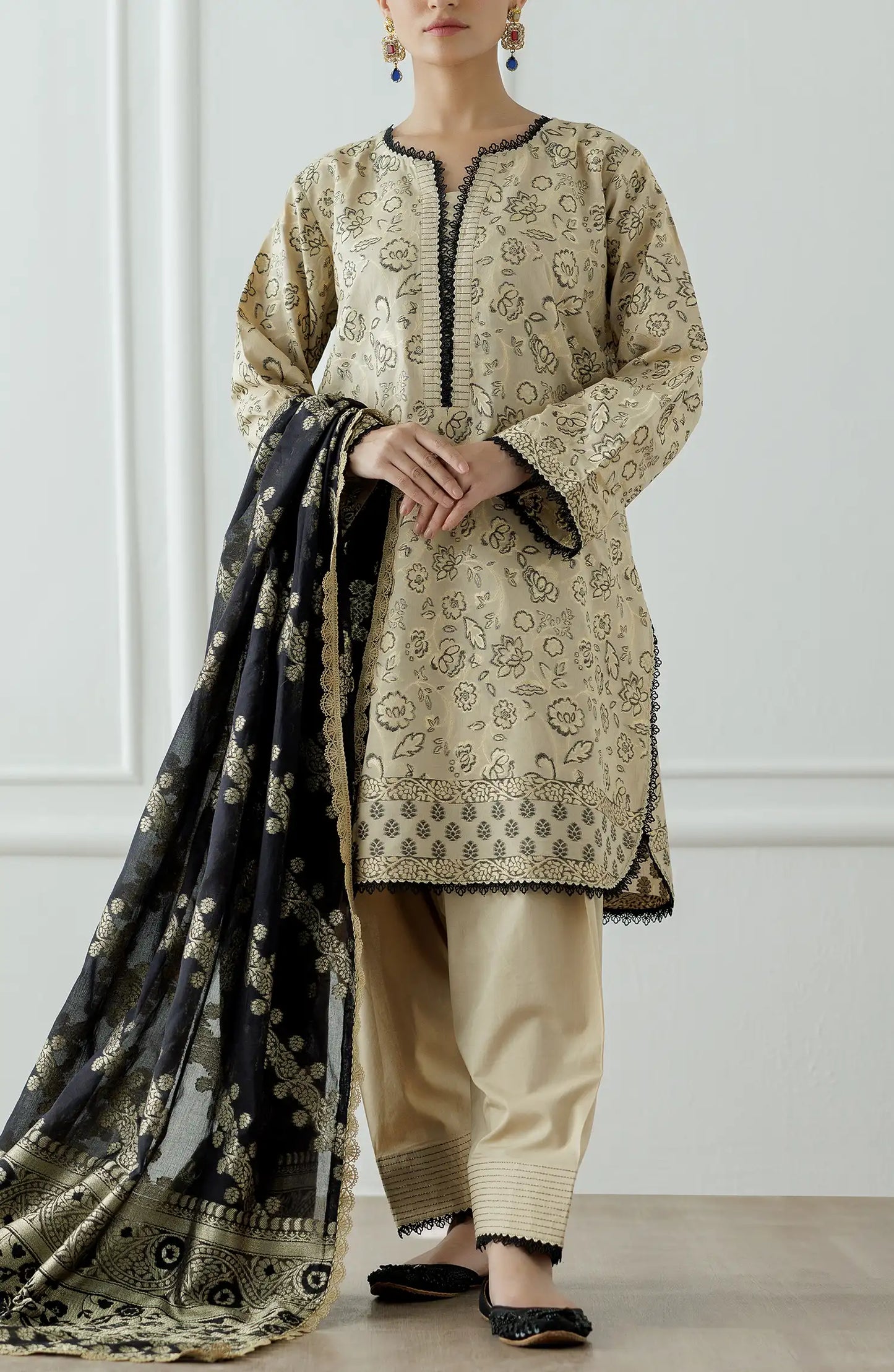 Stitched Printed Lawn Jacquard Shirt Dupatta & Pant - 3 Piece - OTL-25-110