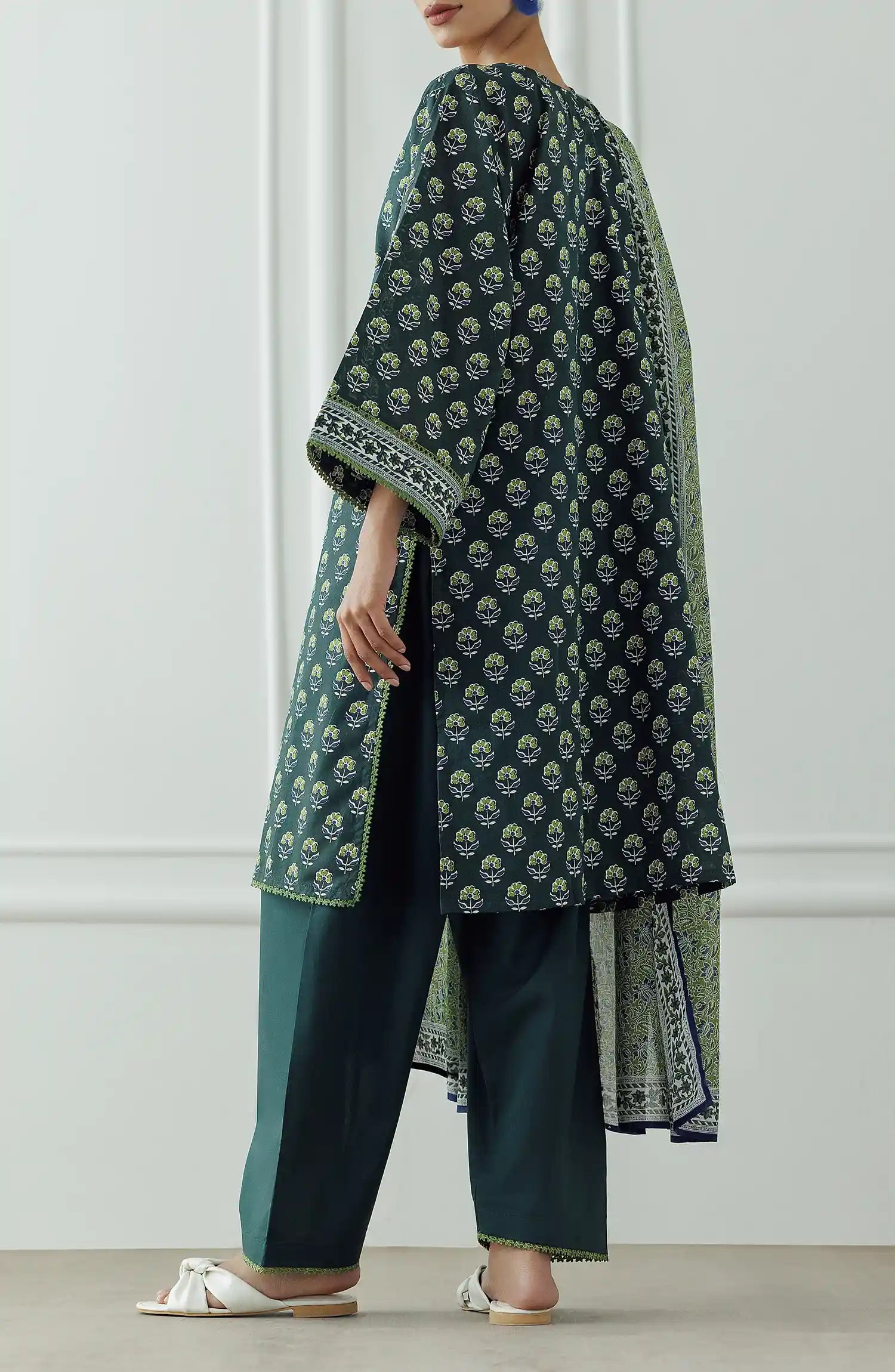 Stitched Printed Lawn Shirt Dupatta & Pant - 3 Piece - OTL-25-306. Woman wearing a patterned dress with a matching dupatta.