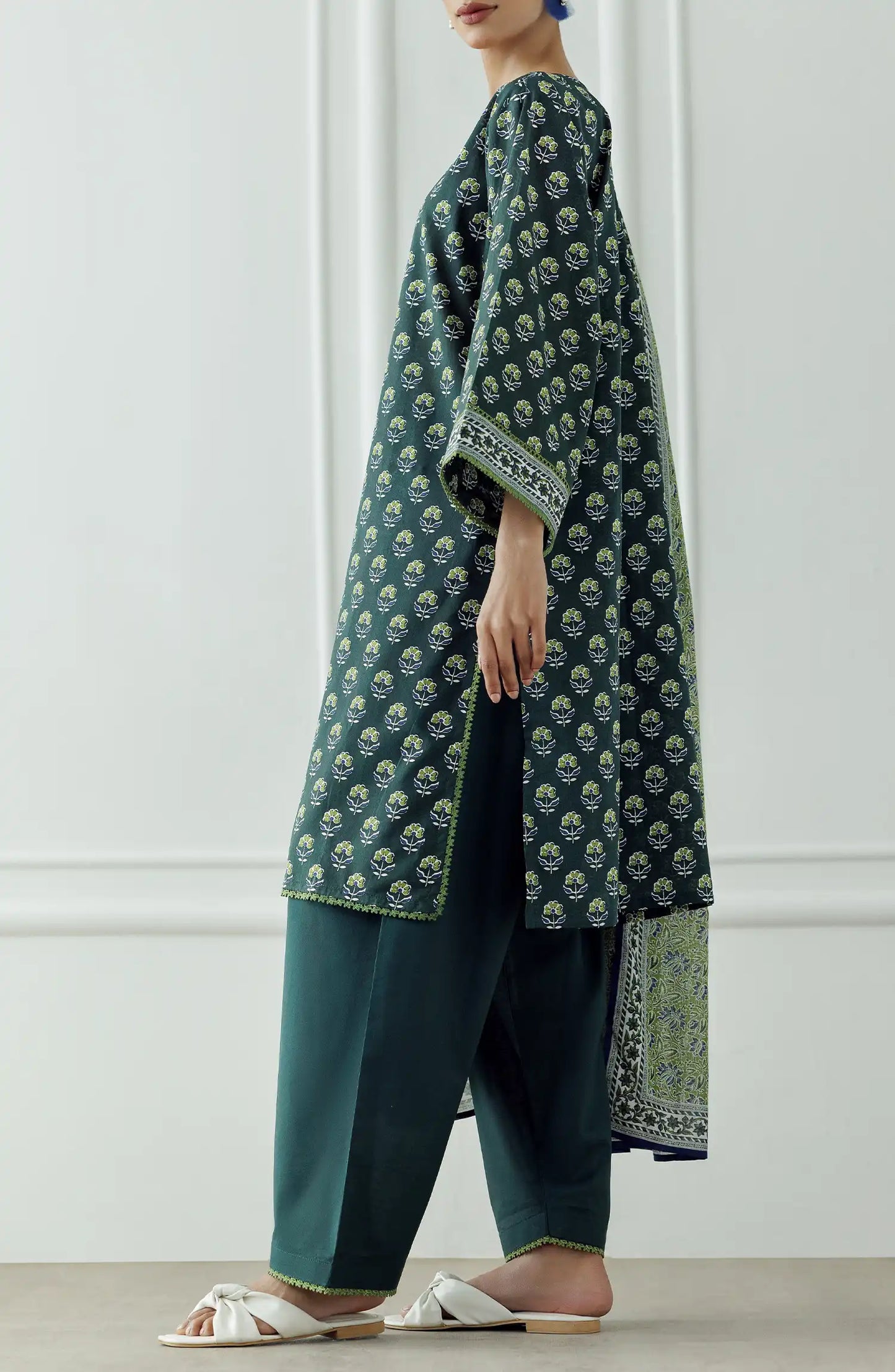 Stitched Printed Lawn Shirt Dupatta & Pant - 3 Piece - OTL-25-306. Woman wearing a patterned dress with a matching dupatta.